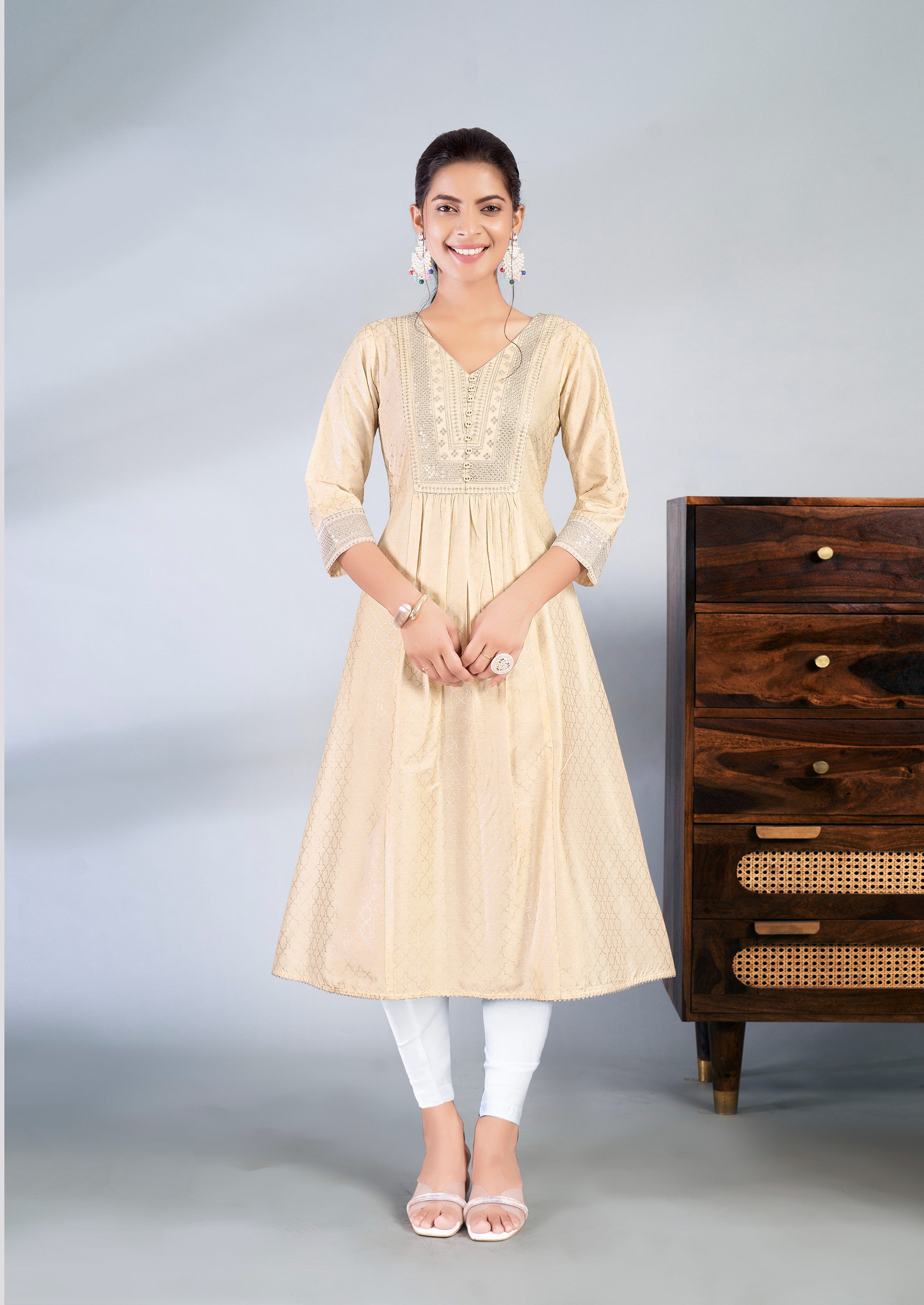 Laxmipati Jasmine Geometric Foil Print Viscose A Line Kurti with Embroidered Neckline in Cream Color