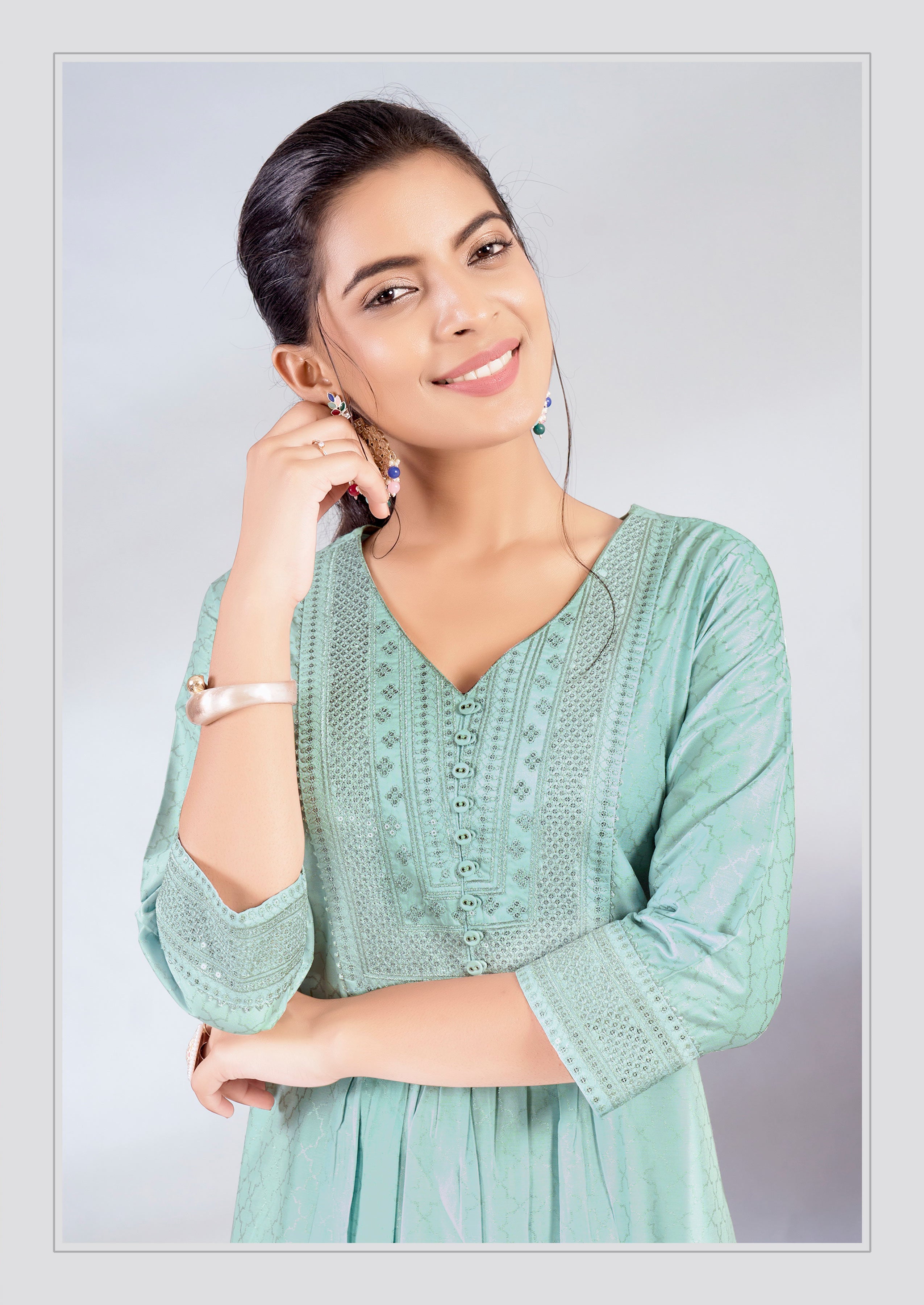 Laxmipati Jasmine Geometric Foil Print Viscose A Line Kurti with Embroidered Neckline in Green Color