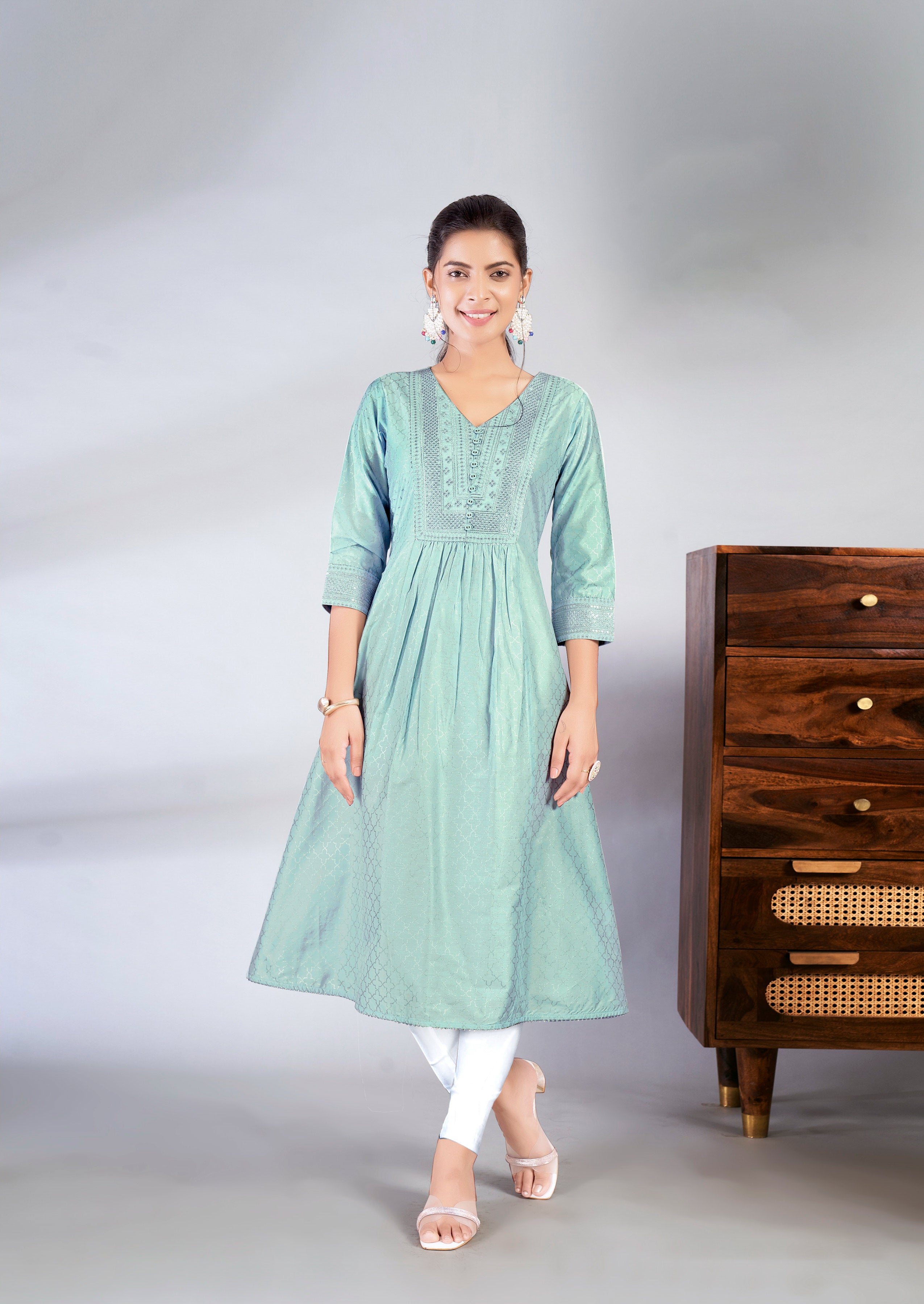 Laxmipati Jasmine Geometric Foil Print Viscose A Line Kurti with Embroidered Neckline in Green Color