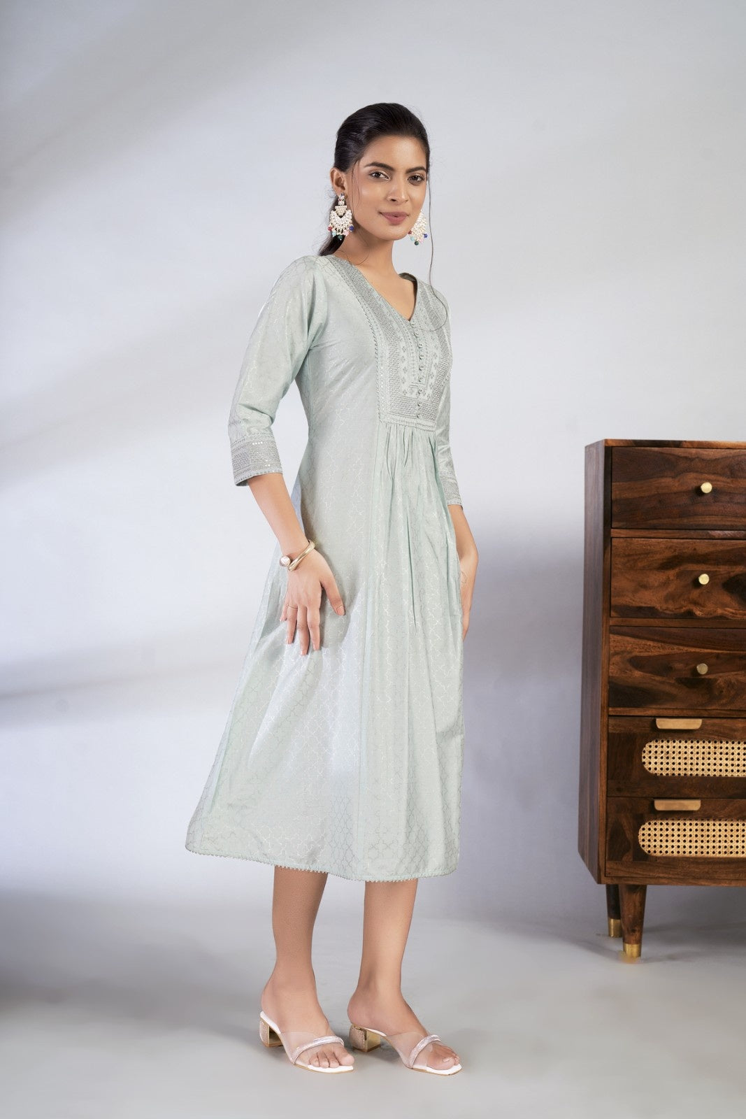 Laxmipati Reshami - KT0090 Light Blue A-line Foil Print With Embroidered Viscose Woman Kurta