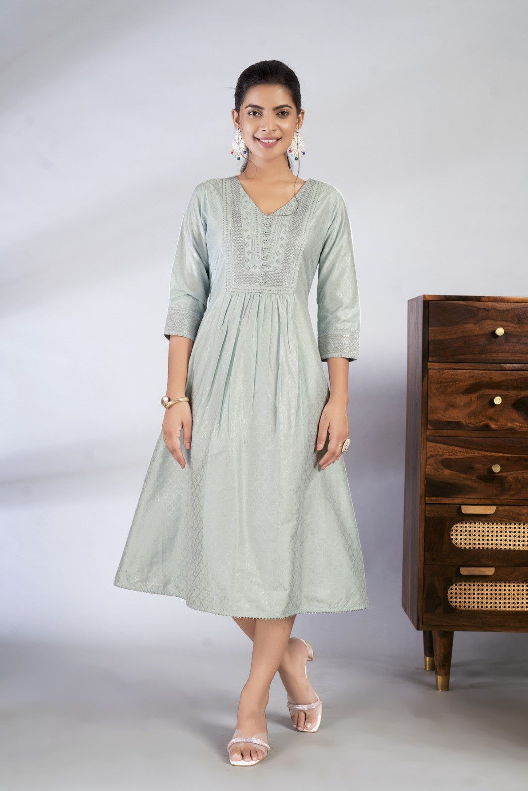 Laxmipati Reshami - KT0090 Light Blue A-line Foil Print With Embroidered Viscose Woman Kurta