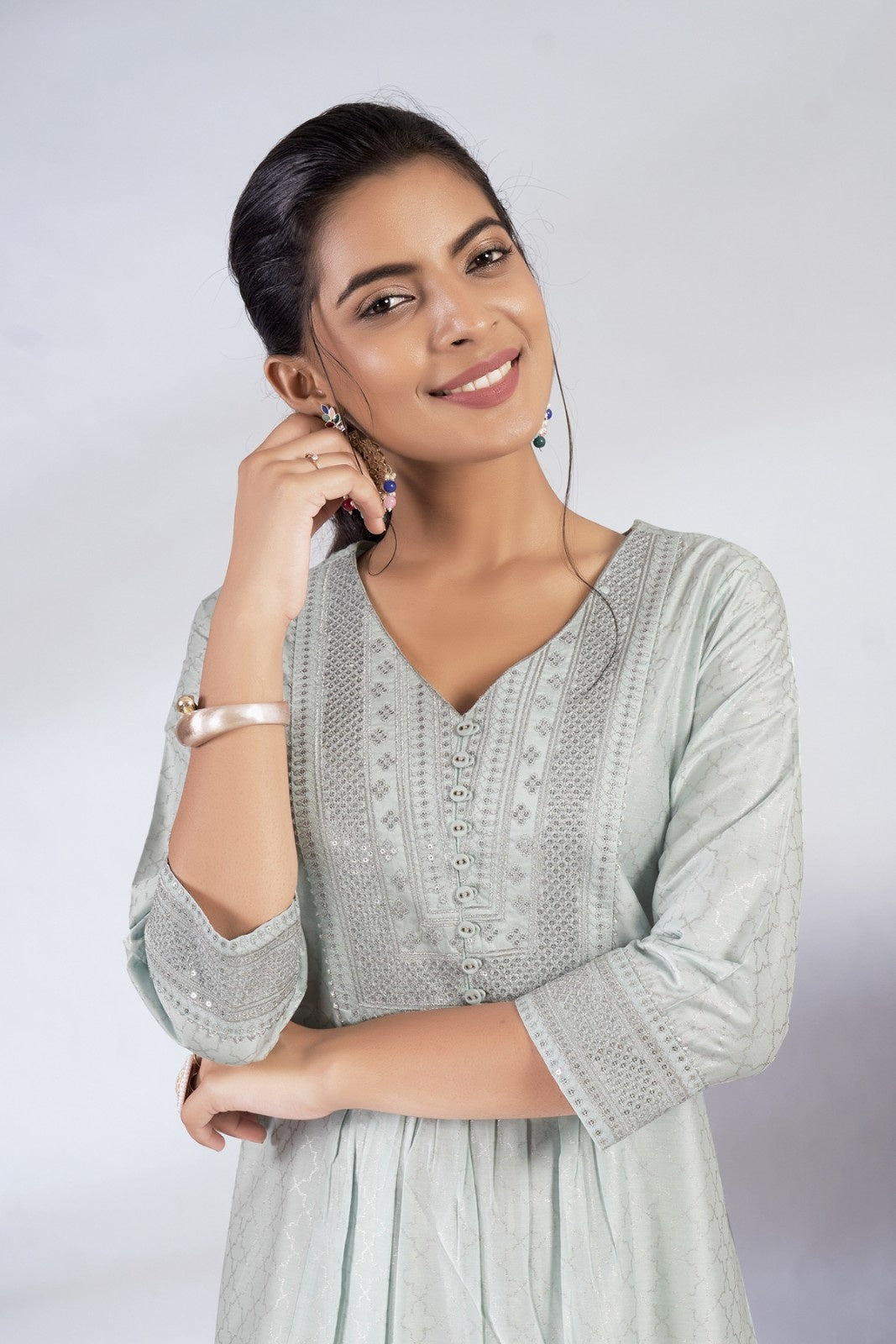 Laxmipati Reshami - KT0090 Light Blue A-line Foil Print With Embroidered Viscose Woman Kurta