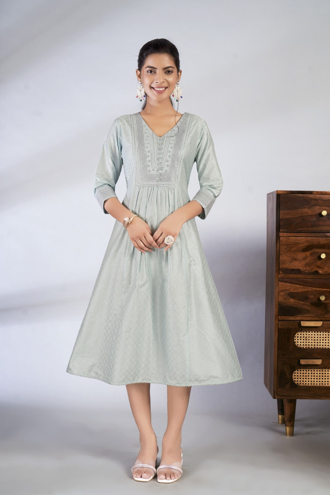 Laxmipati Reshami - KT0090 Light Blue A-line Foil Print With Embroidered Viscose Woman Kurta