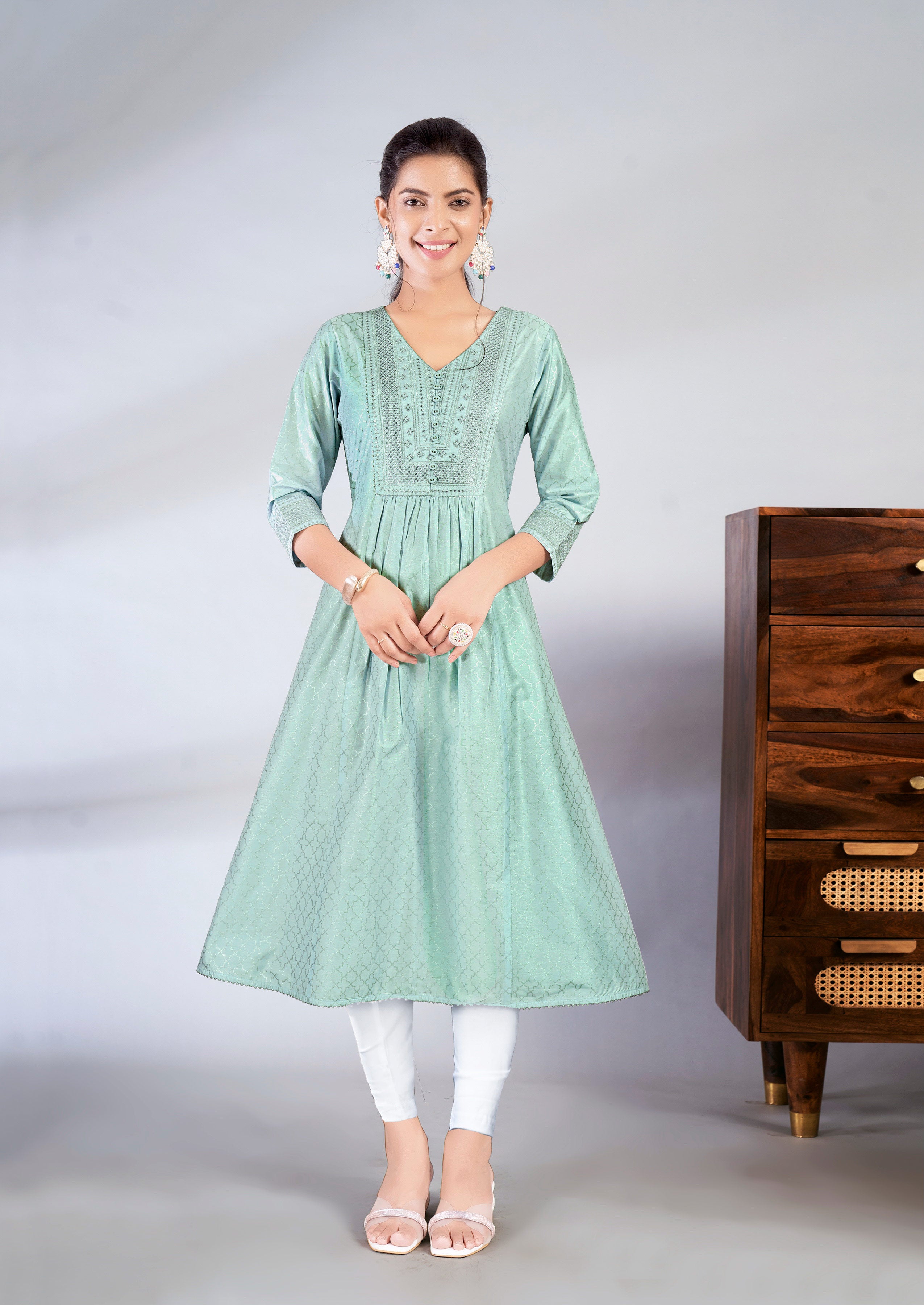 Laxmipati Jasmine Geometric Foil Print Viscose A Line Kurti with Embroidered Neckline in Green Color