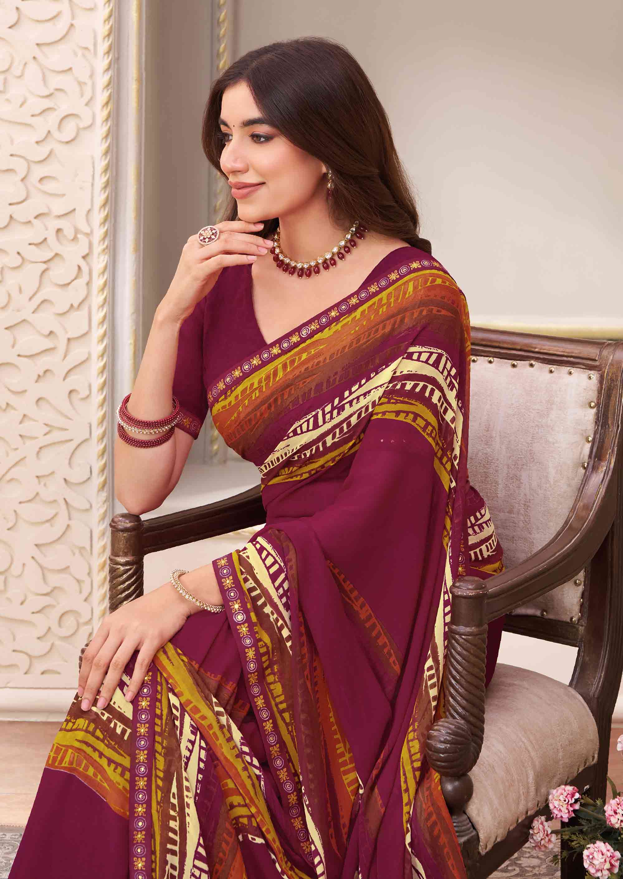 Laxmipati Limca Wine Georgette Geometric Printed Saree