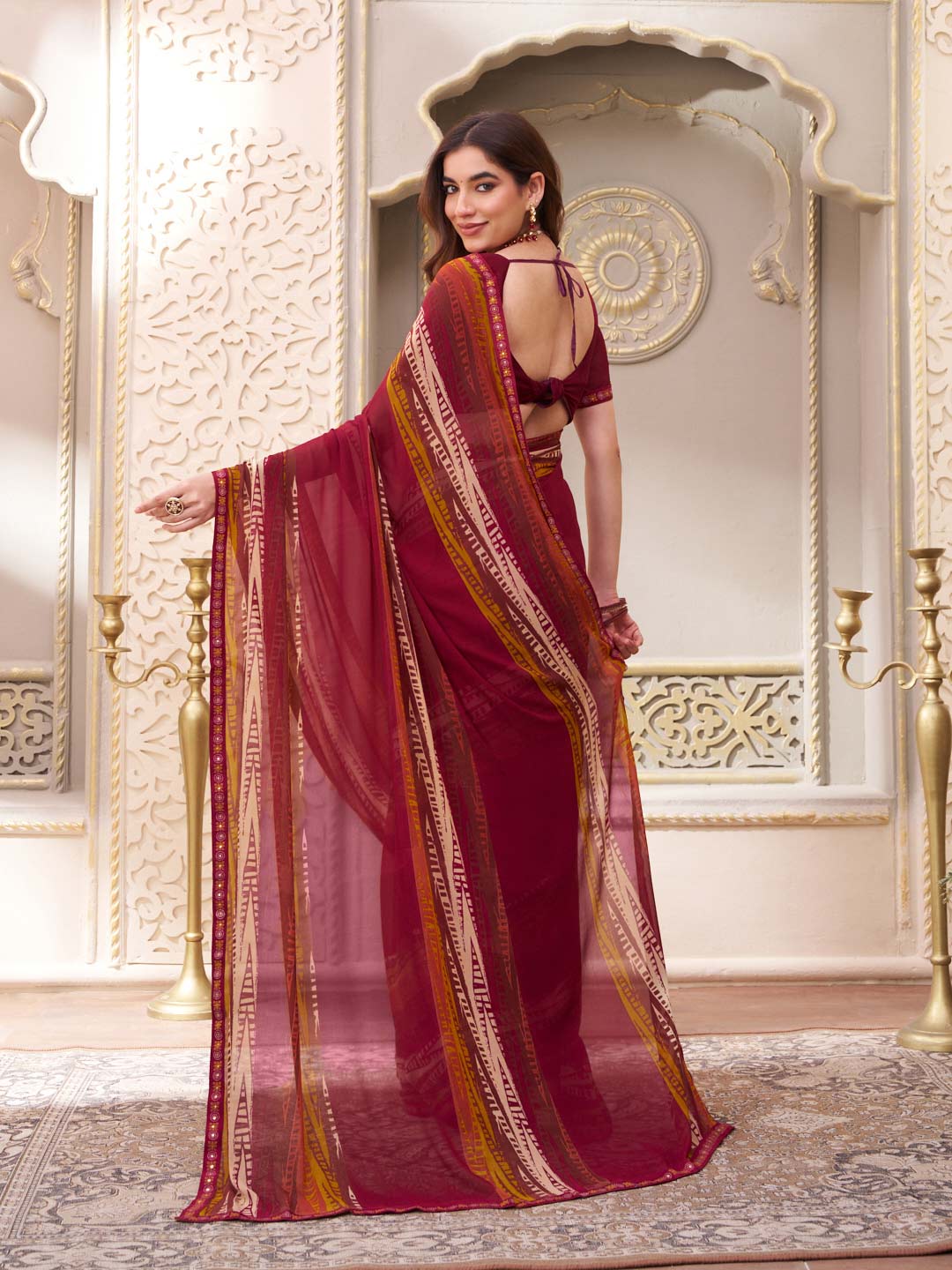 Laxmipati Limca Wine Georgette Geometric Printed Saree