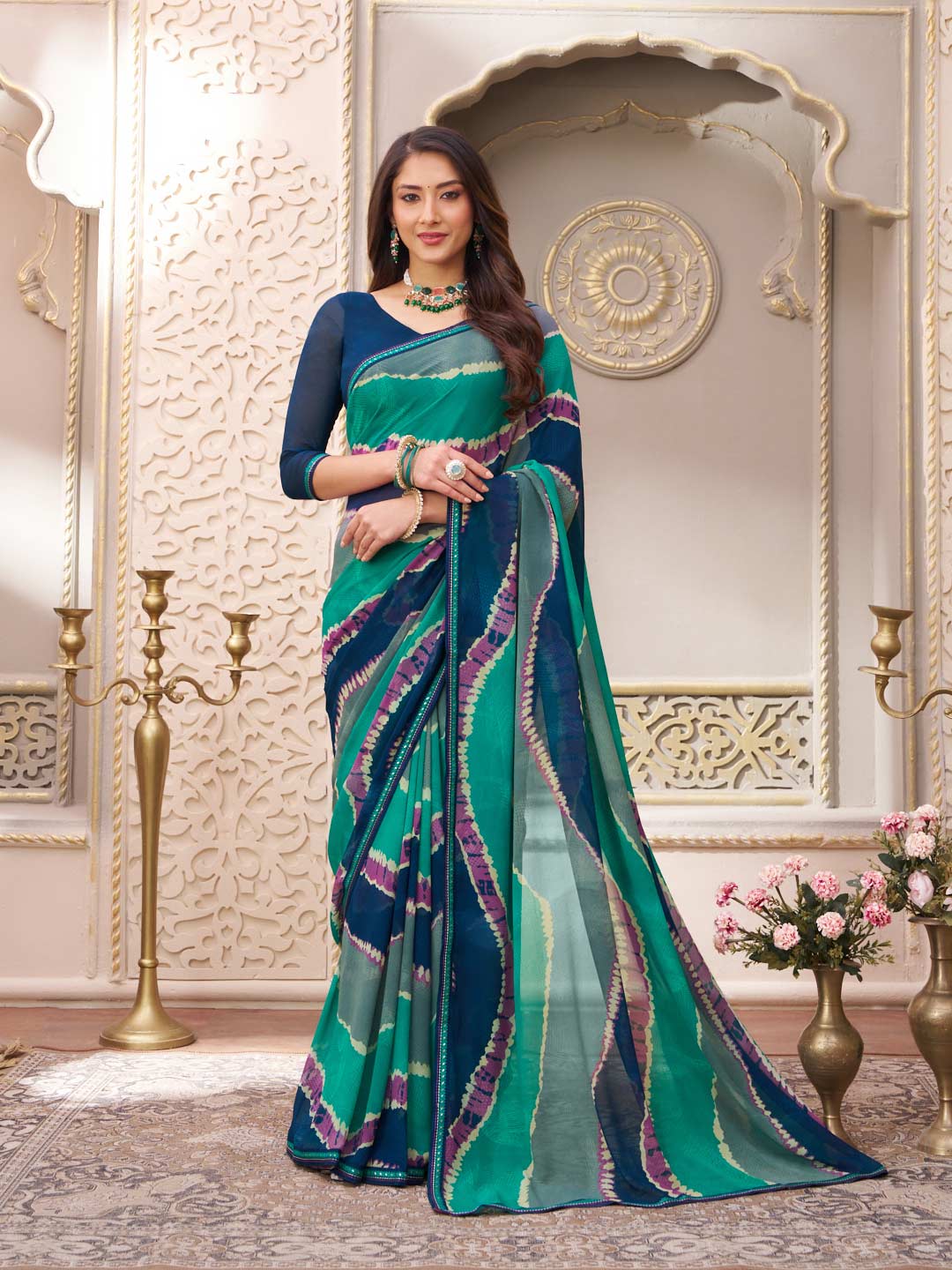 Laxmipati Limca Teal Green Georgette Wavy Printed Saree