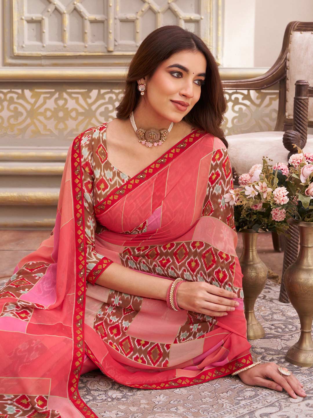 Laxmipati Limca Pink Georgette Geometric Printed Saree