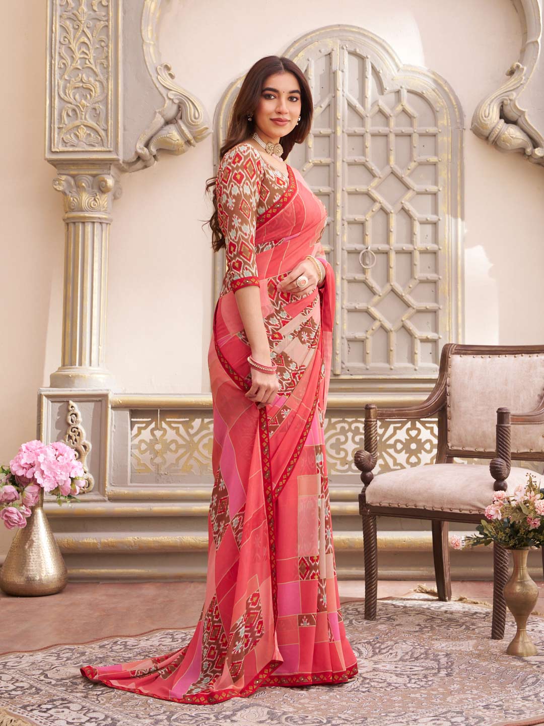 Laxmipati Limca Pink Georgette Geometric Printed Saree