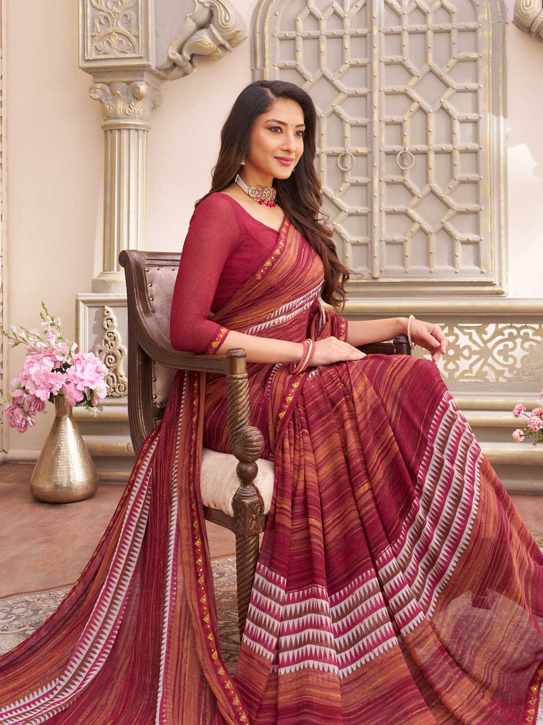 Laxmipati Limca Dark Pink Georgette Geometric Printed Saree