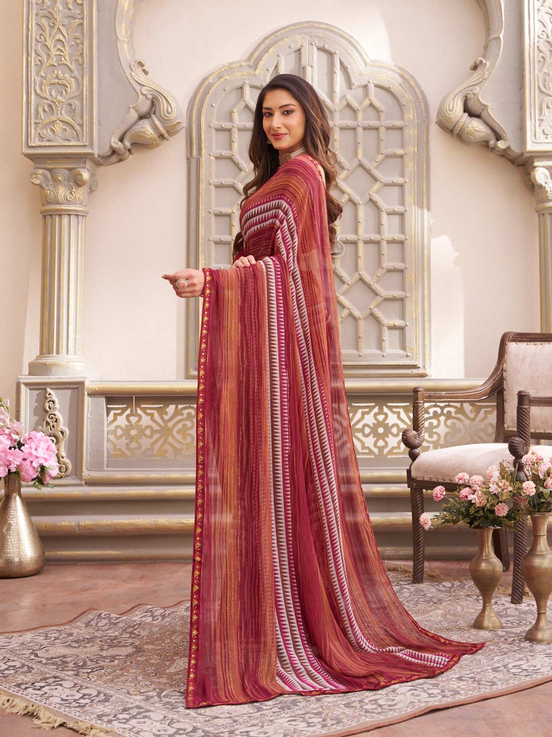 Laxmipati Limca Dark Pink Georgette Geometric Printed Saree