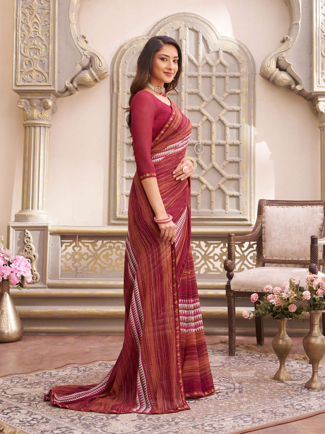 Laxmipati Limca Dark Pink Georgette Geometric Printed Saree