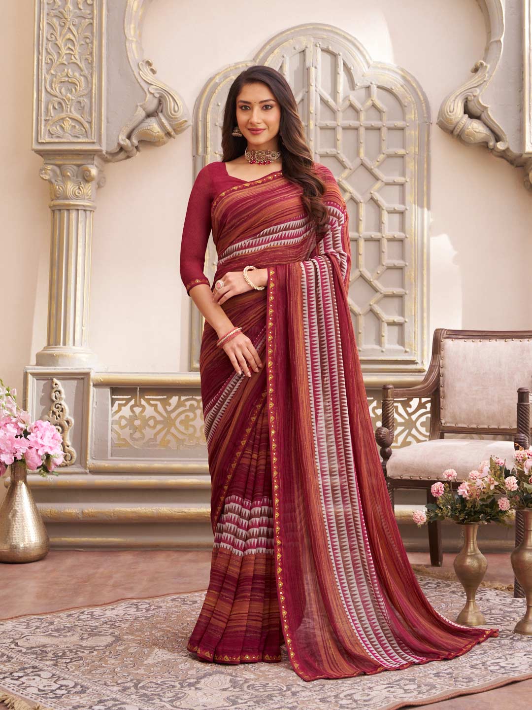 Laxmipati Limca Dark Pink Georgette Geometric Printed Saree