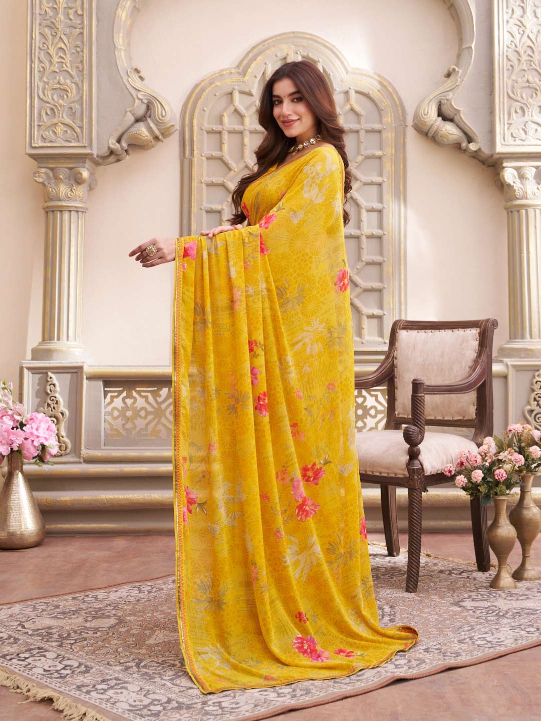 Laxmipati Limca Yellow Georgette Floral Printed saree