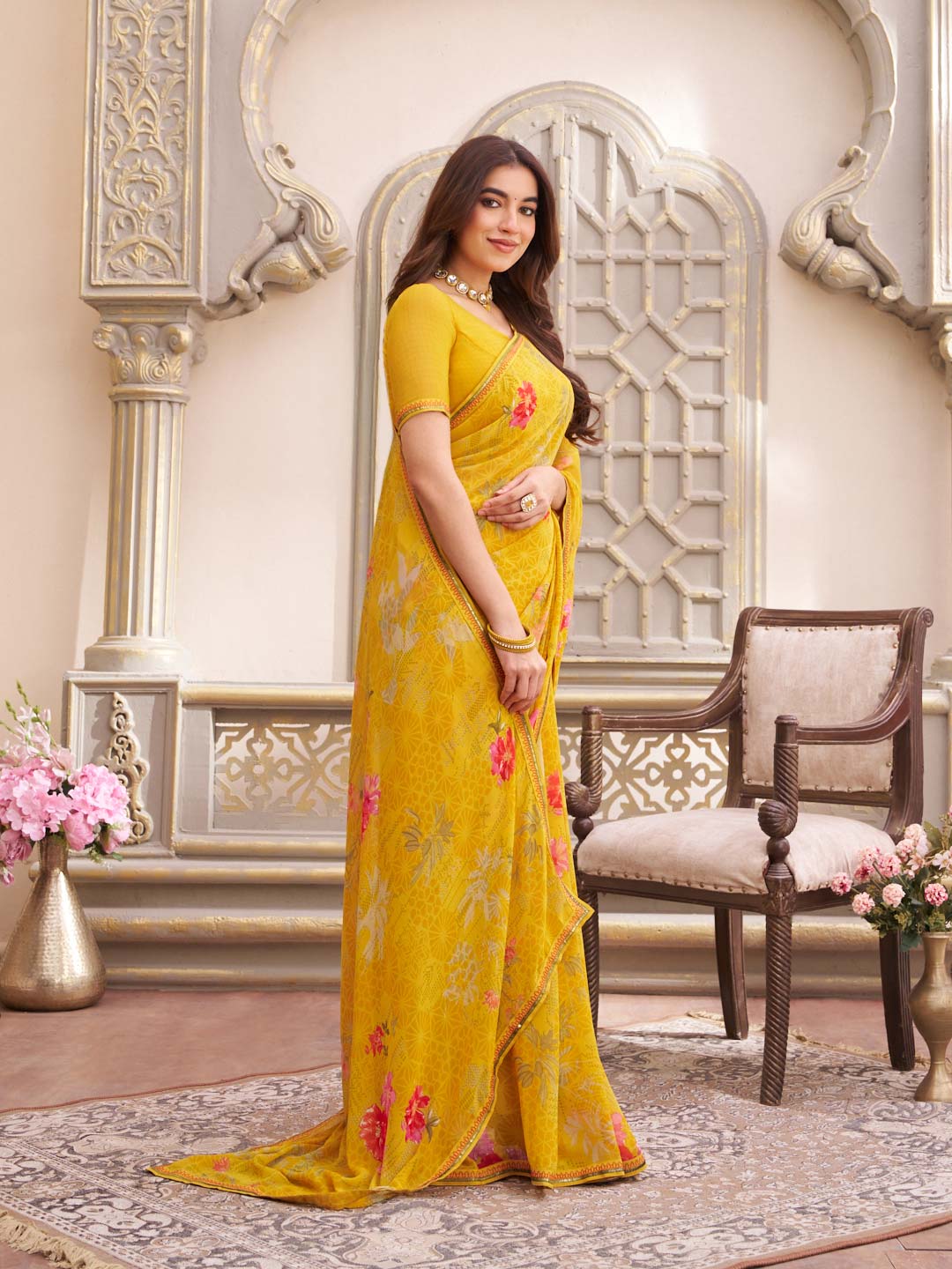 Laxmipati Limca Yellow Georgette Floral Printed saree