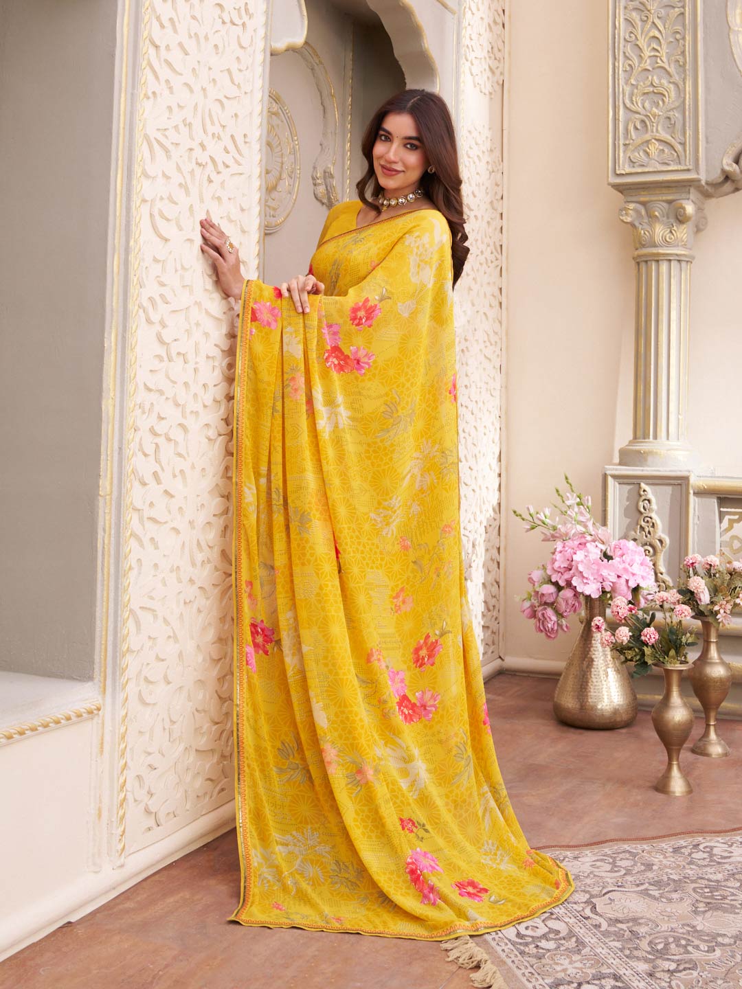 Laxmipati Limca Yellow Georgette Floral Printed saree