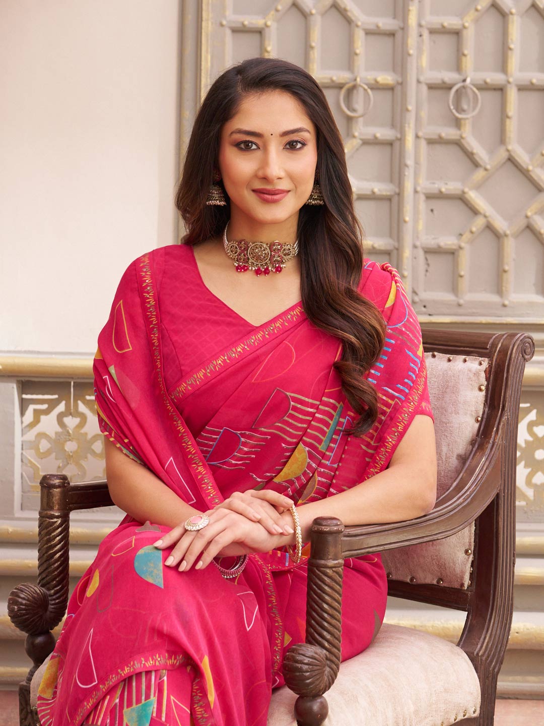 Laxmipati Limca Dark Pink Georgette Abstarct Printed Saree