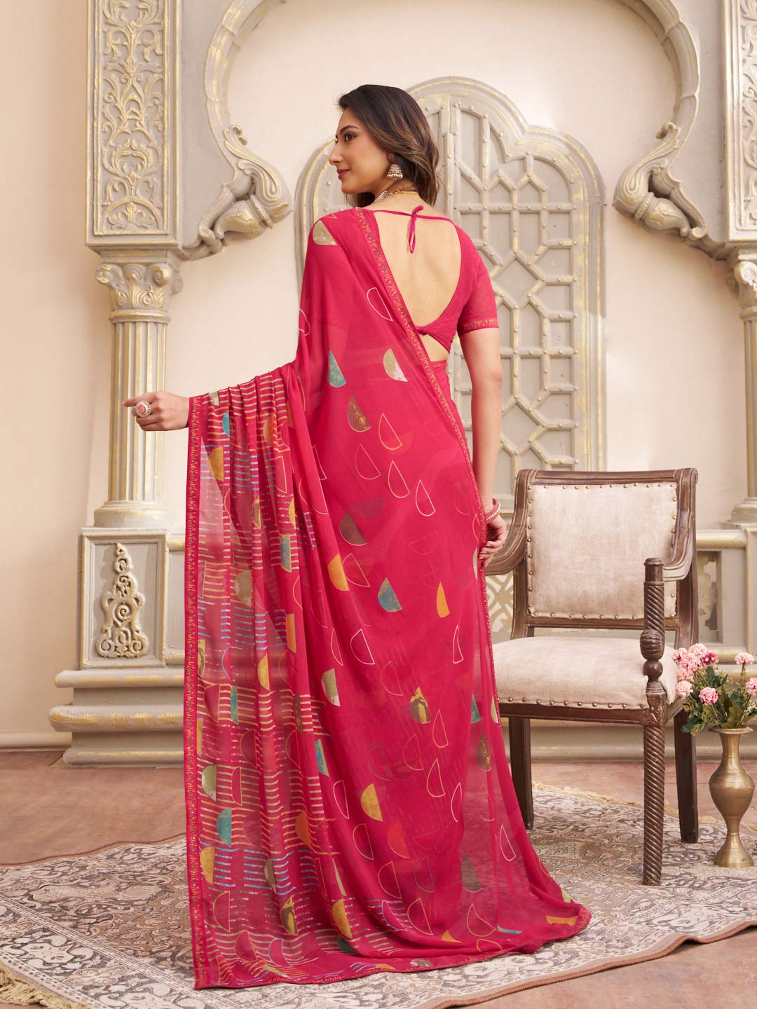 Laxmipati Limca Dark Pink Georgette Abstarct Printed Saree