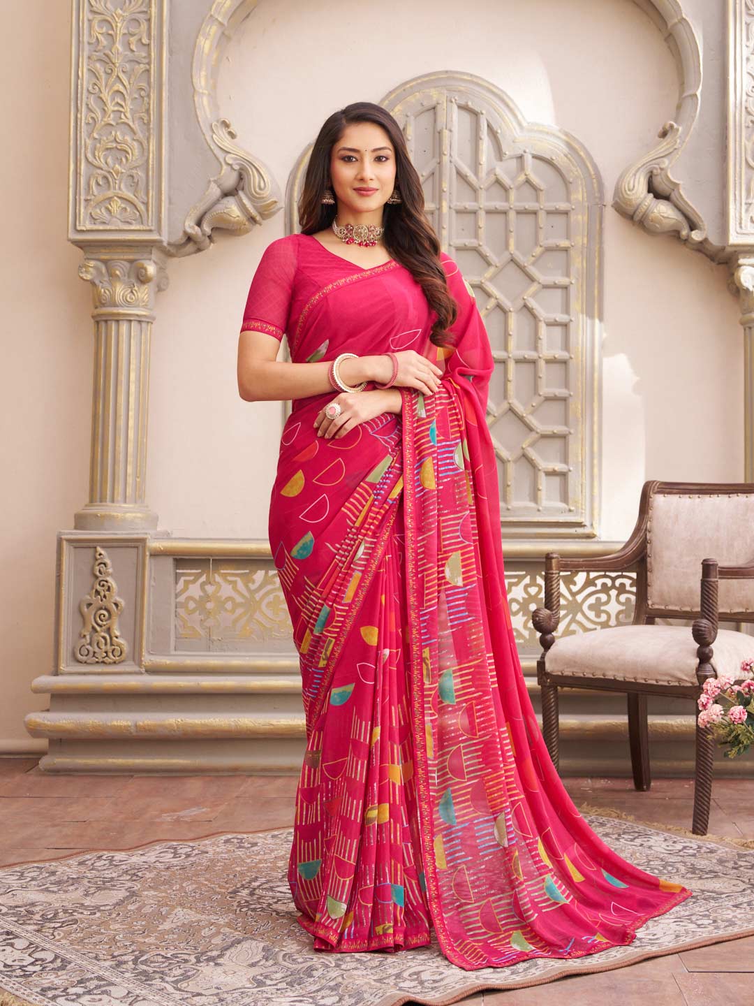Laxmipati Limca Dark Pink Georgette Abstarct Printed Saree
