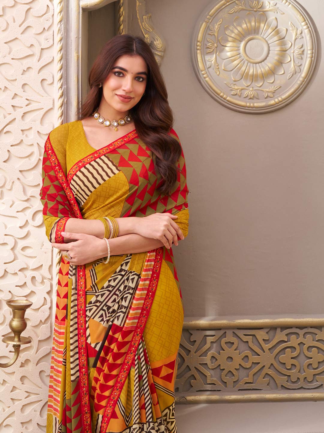 Laxmipati Limca Olive Green Georgette Geometric Printed Saree