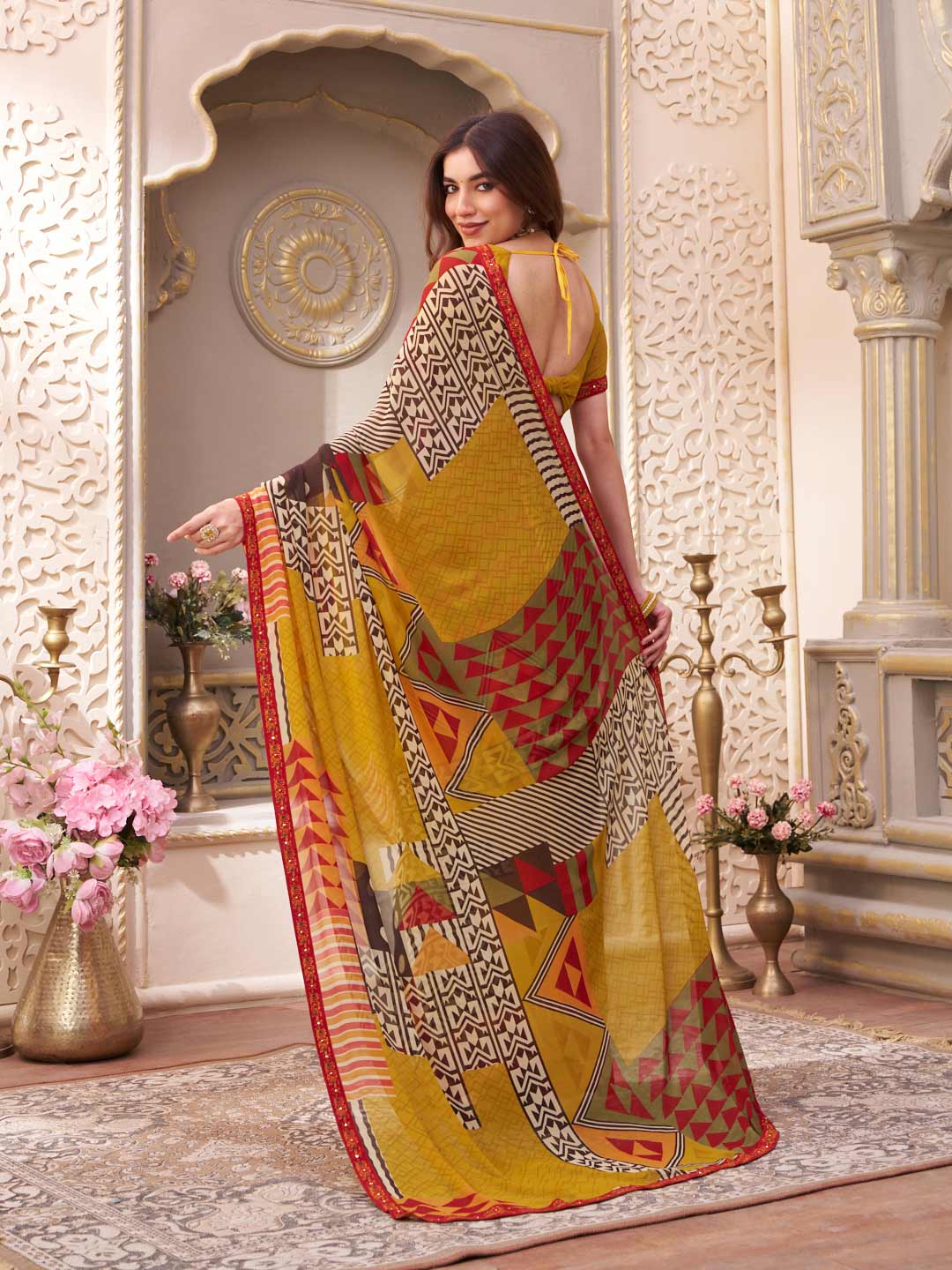 Laxmipati Limca Olive Green Georgette Geometric Printed Saree