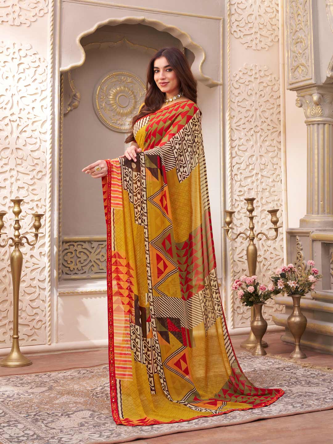 Laxmipati Limca Olive Green Georgette Geometric Printed Saree