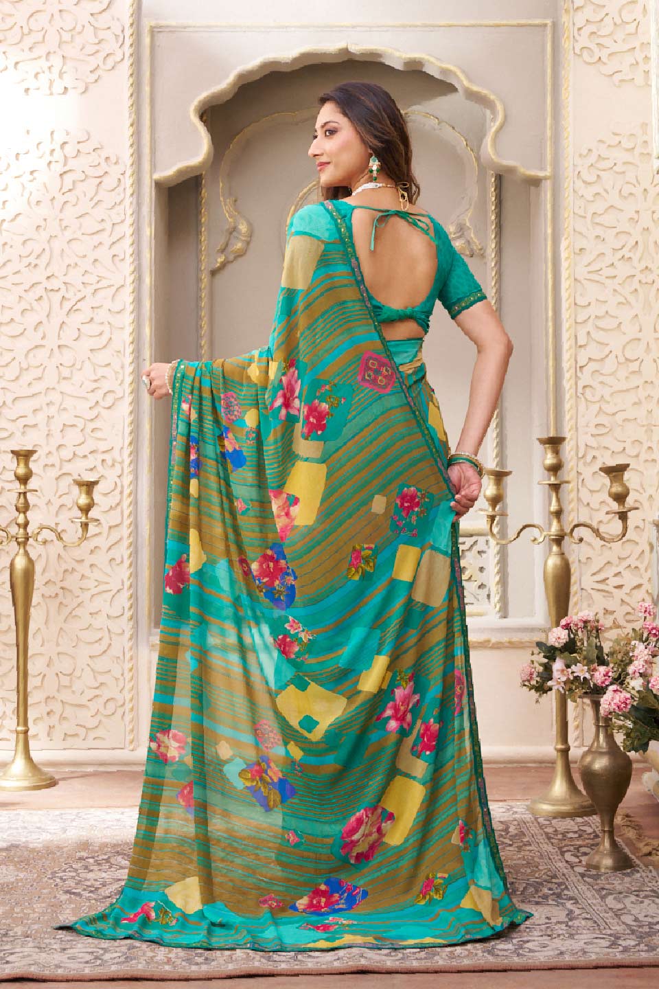 Laxmipati Limca Teal Green Georgette Geometric Printed Saree