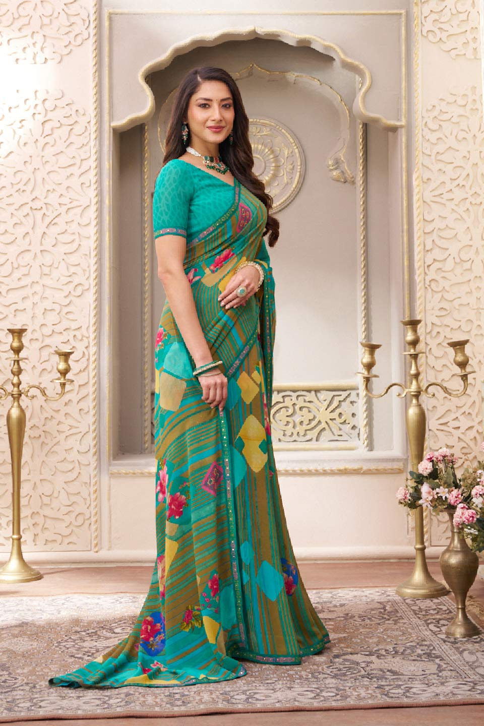 Laxmipati Limca Teal Green Georgette Geometric Printed Saree