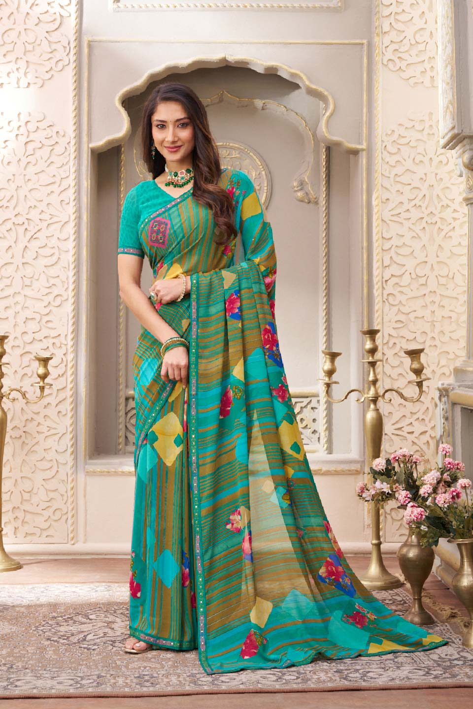 Laxmipati Limca Teal Green Georgette Geometric Printed Saree