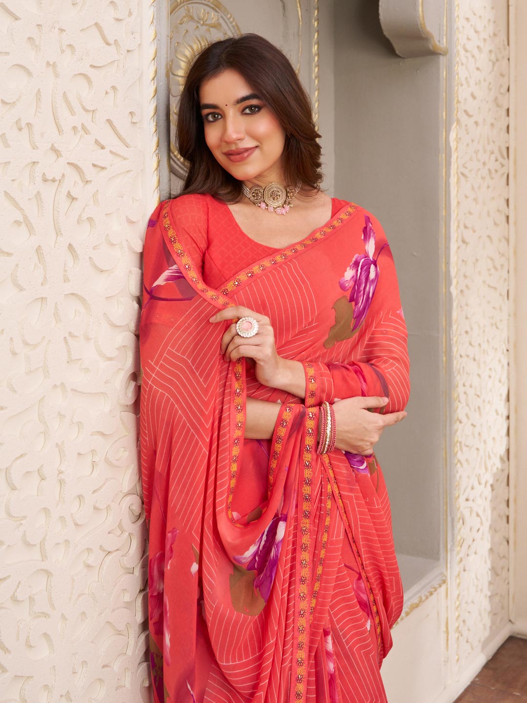 Laxmipati Limca Pink Georgette Floral Printed Saree