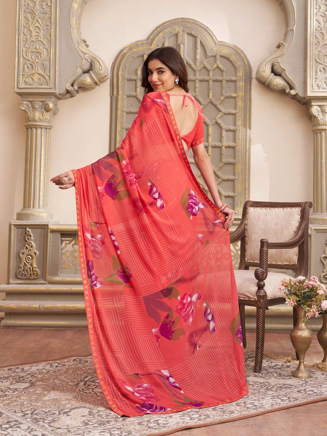Laxmipati Limca Pink Georgette Floral Printed Saree
