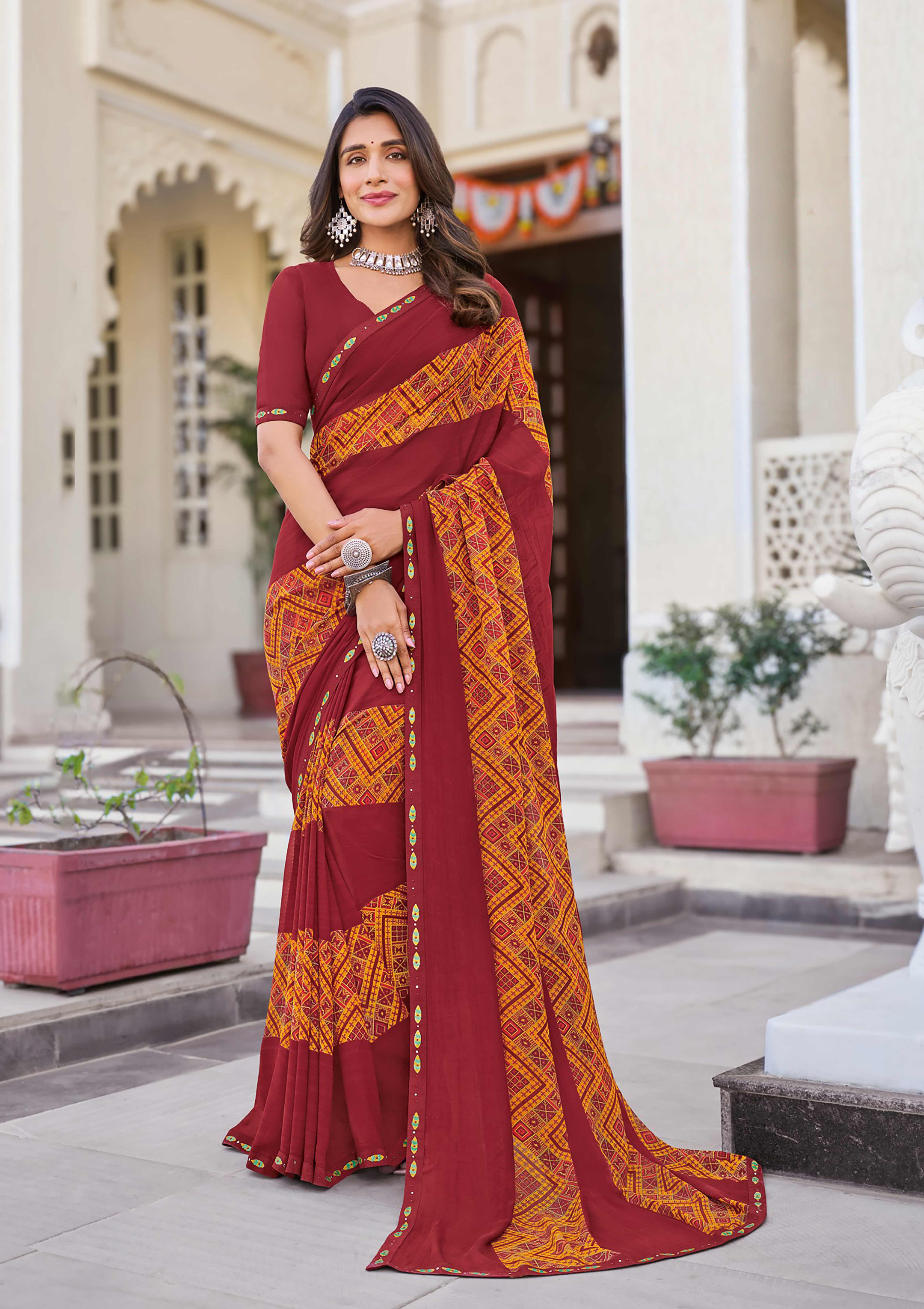 Brown Geometric Printed Saree - Noori