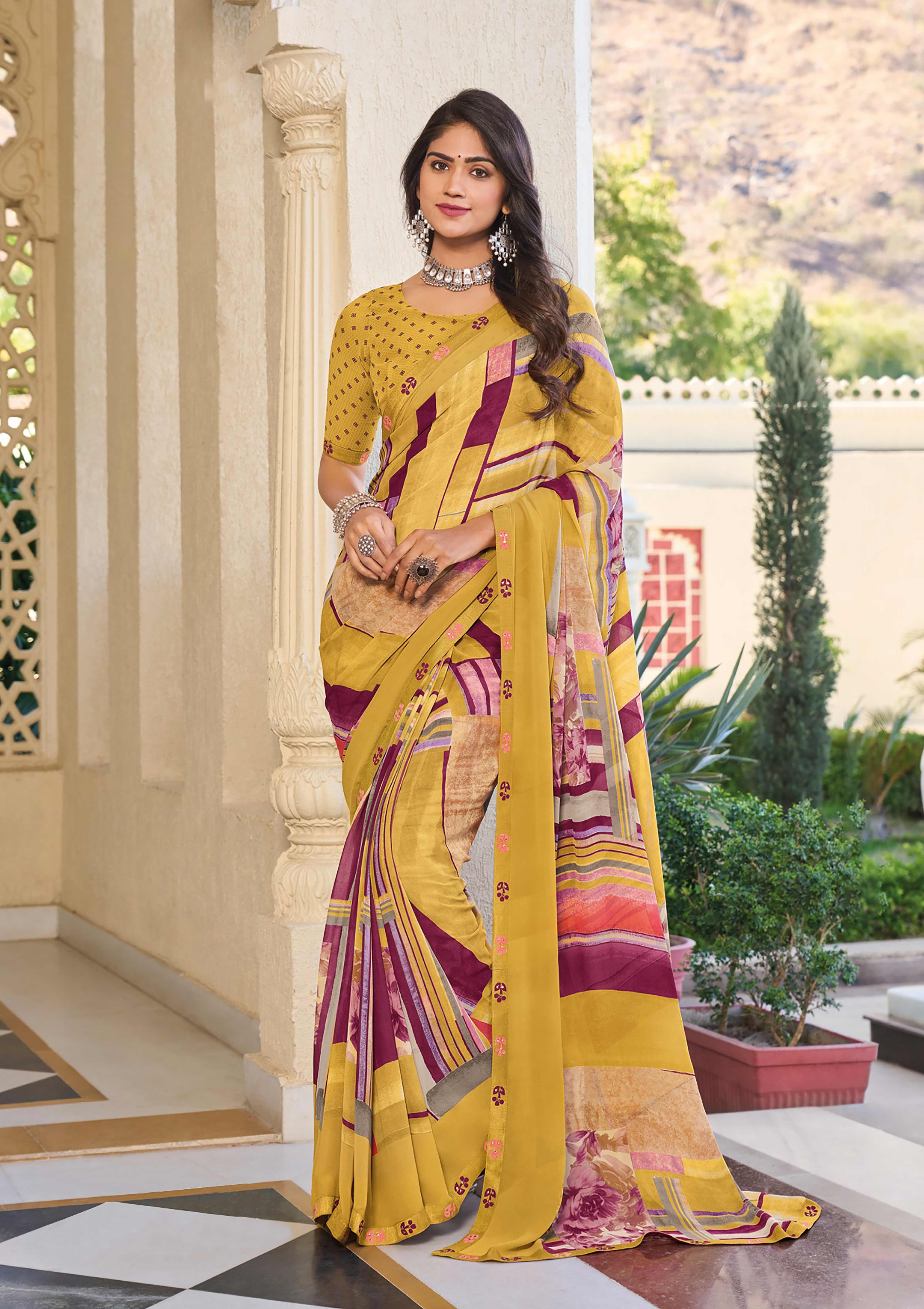 Mustard Abstract Printed Saree- Noori