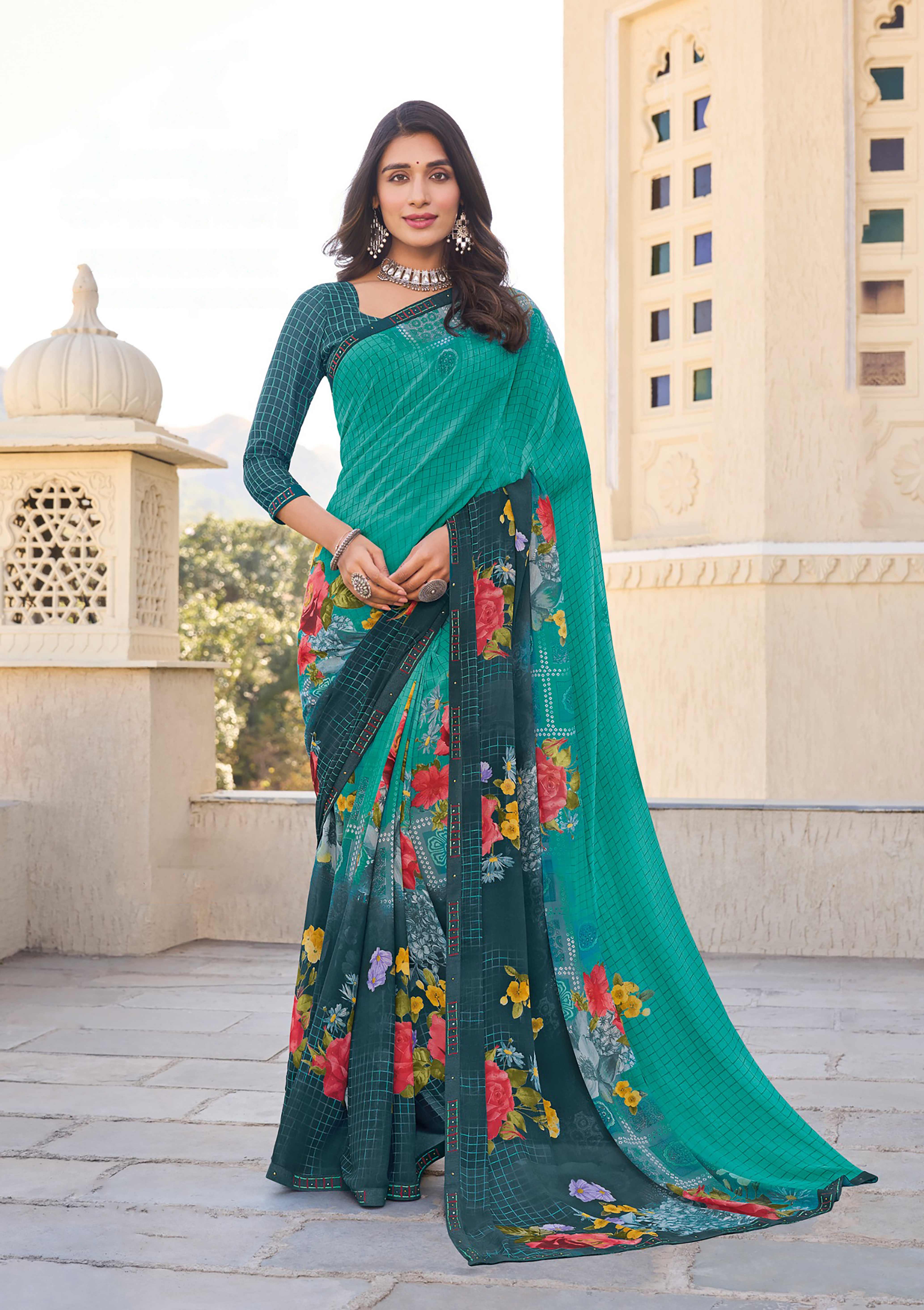 Blue Ombre Saree with Floral & Check Pattern - Noori