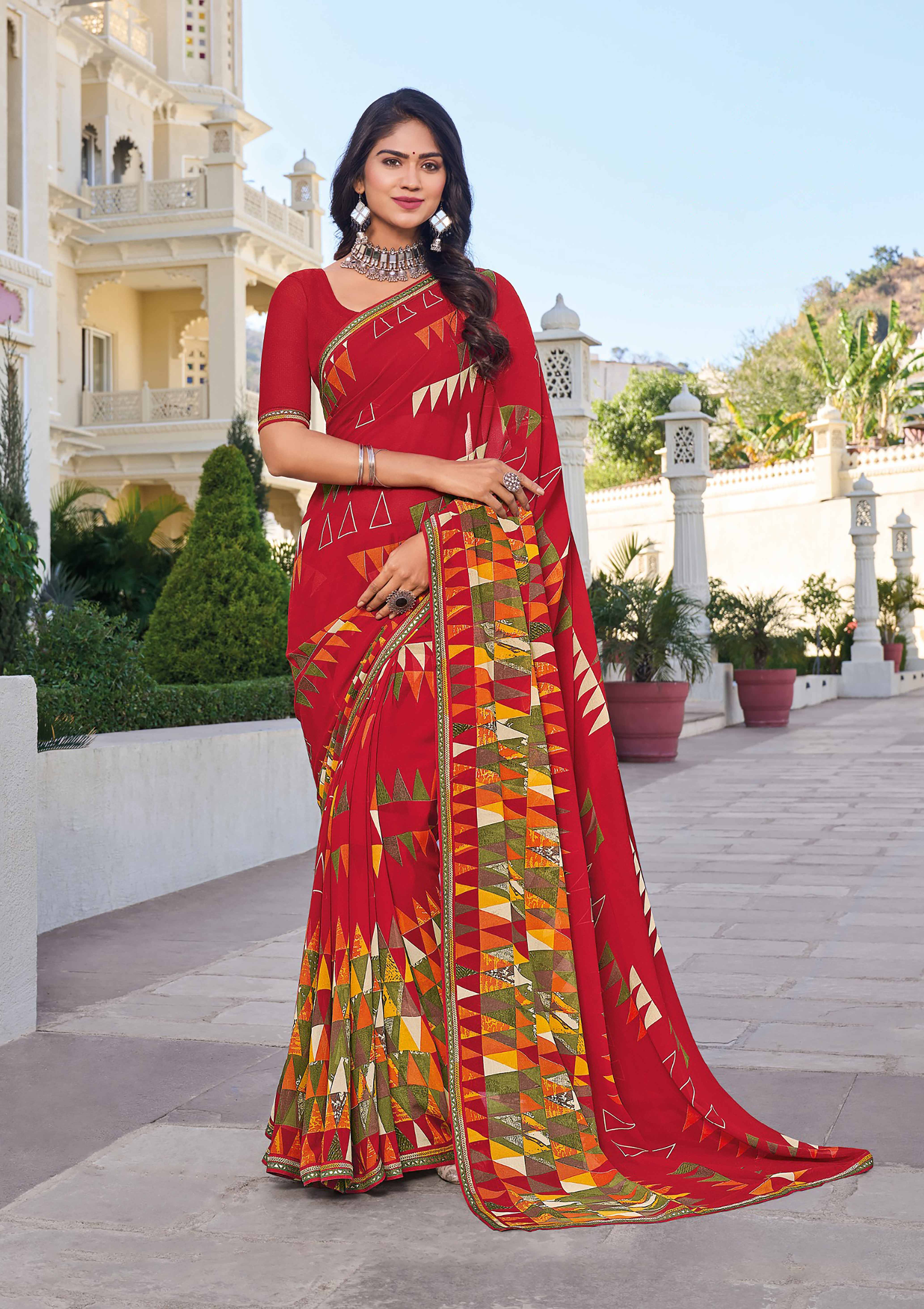 Orange Geometric Print Saree - Noori