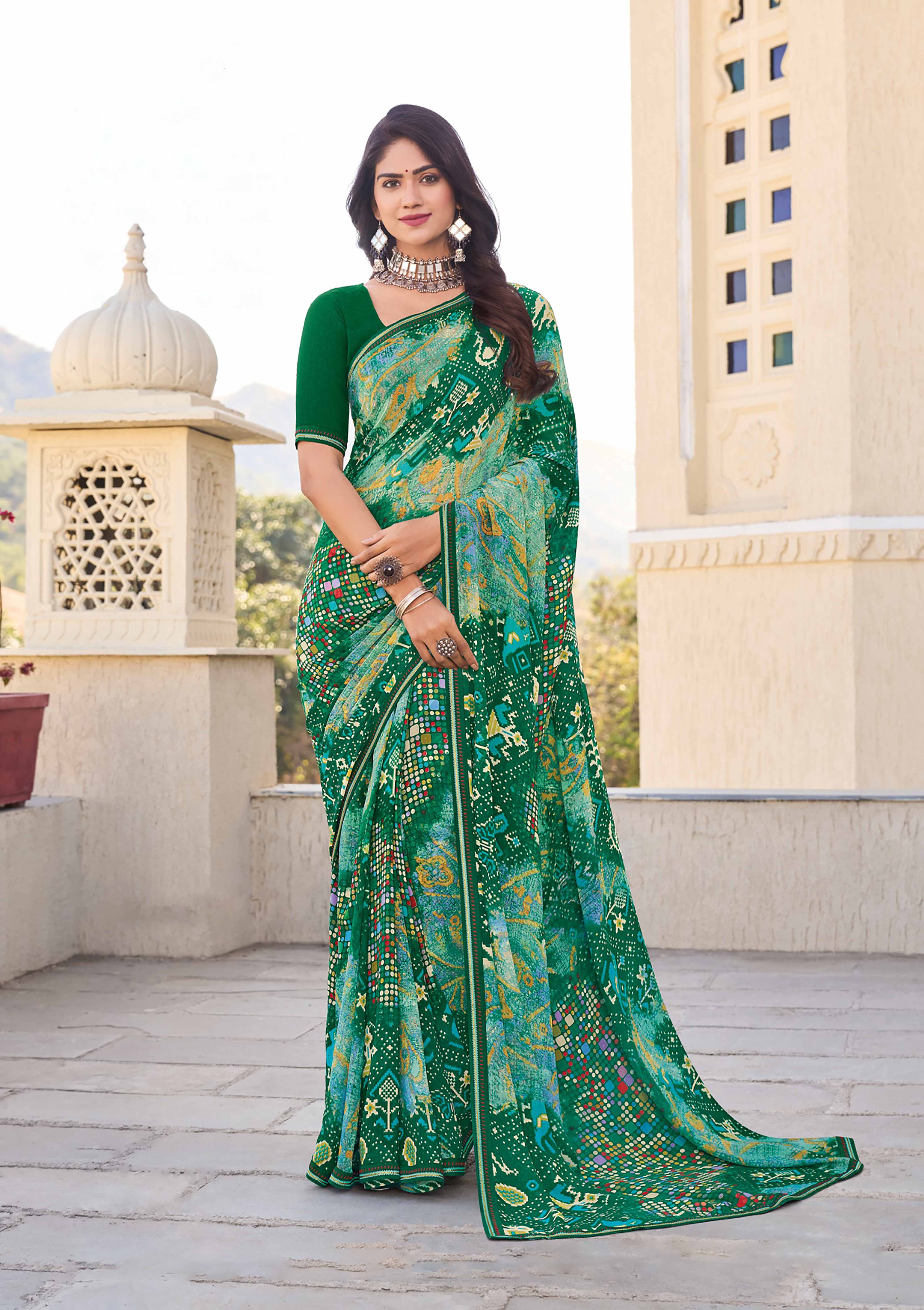 Green Multi-Tone Geometric Print Saree - Noori