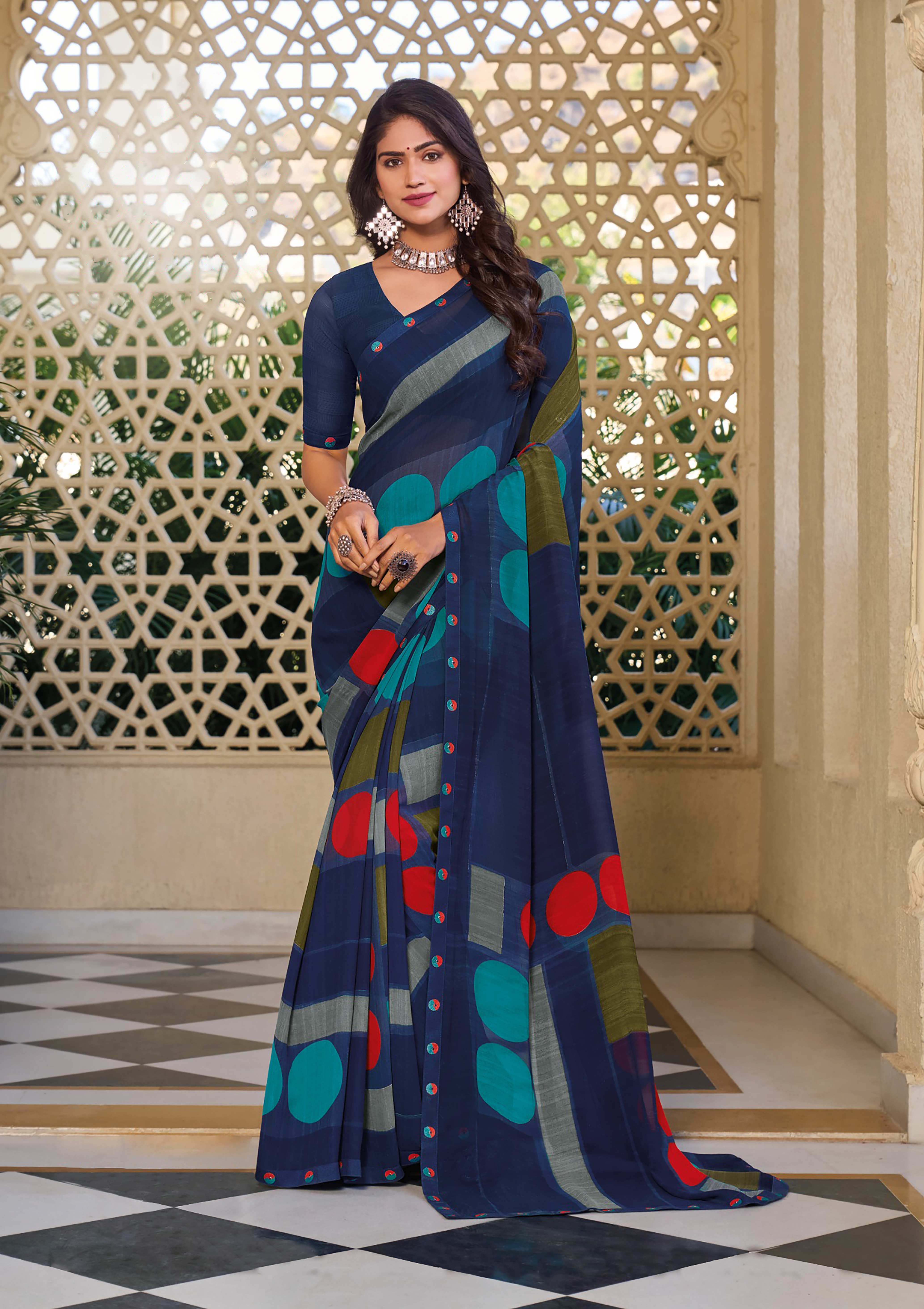 Blue Color Geometric Print Saree - Noori