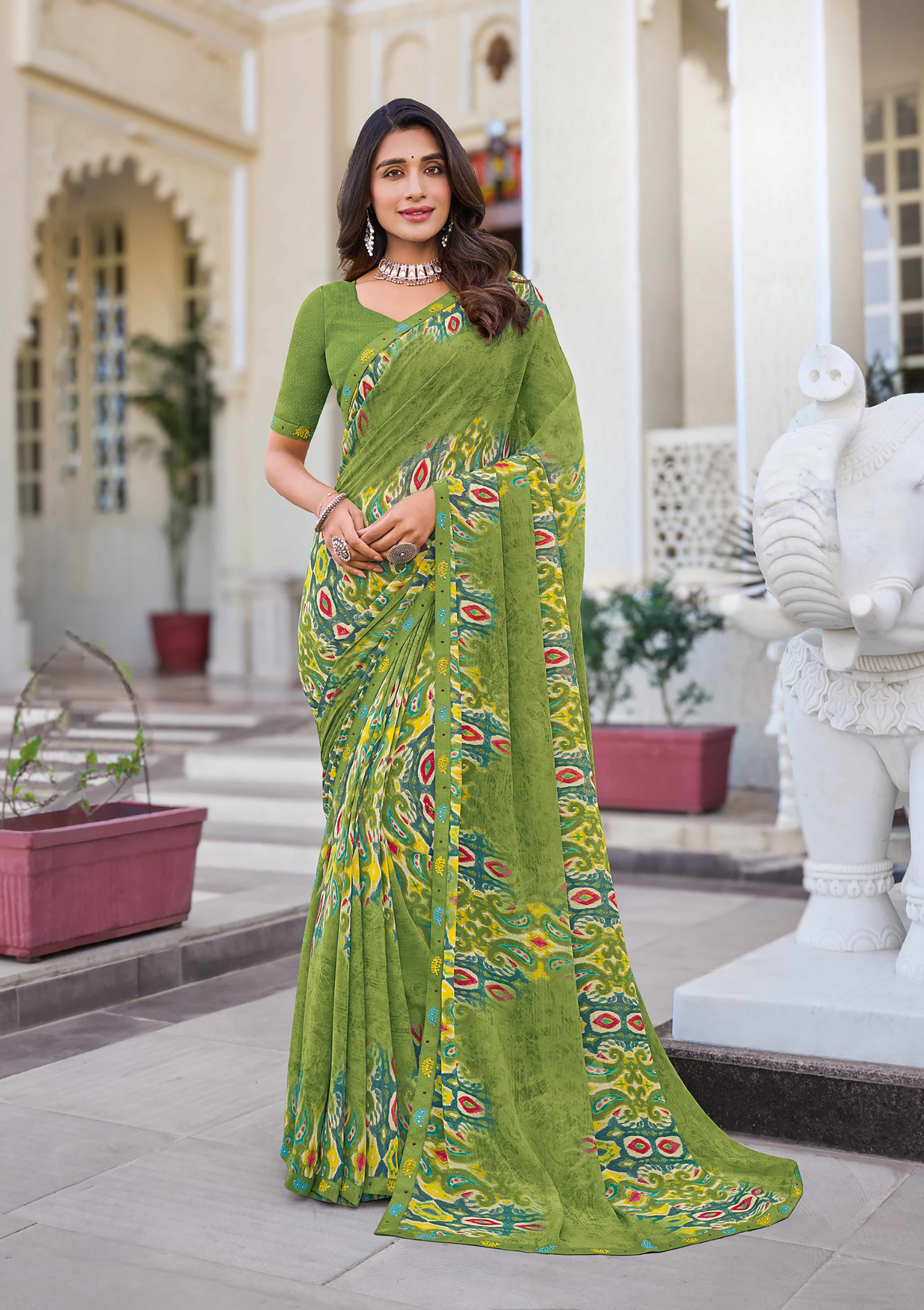 Green Abstract Print Saree - Noori