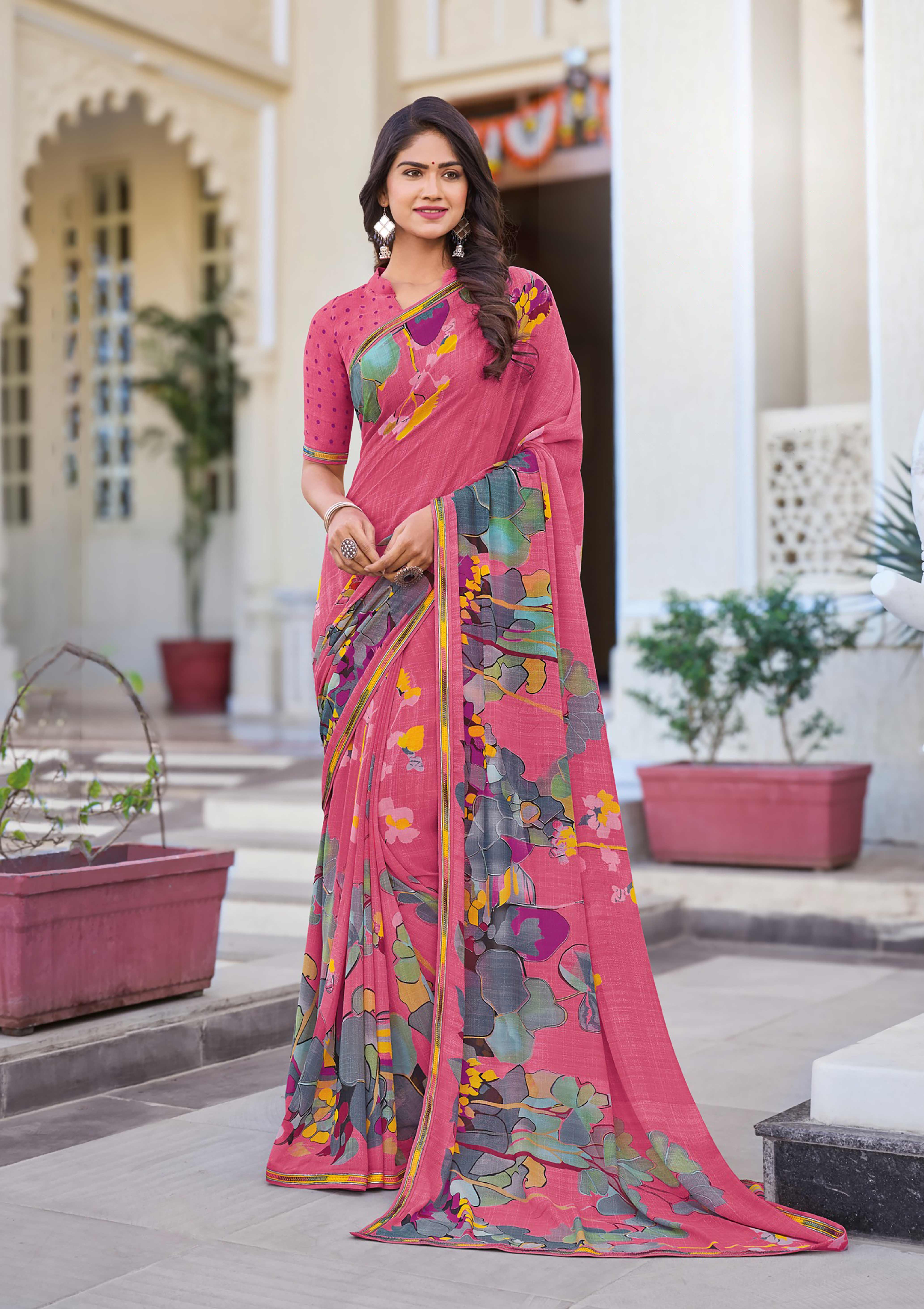 Pink Floral Print Saree - Noori