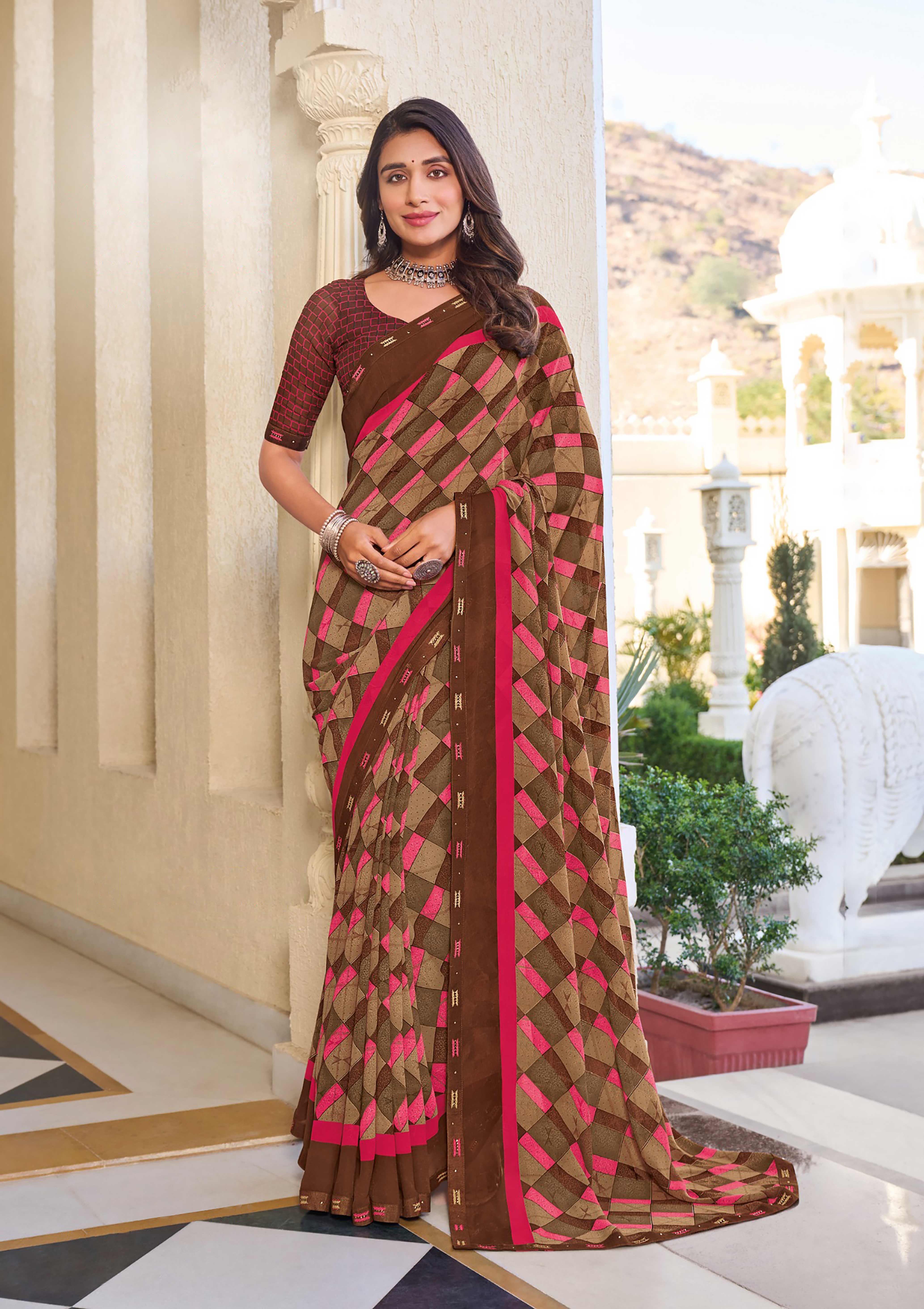 Brown Geometric Printed Saree - Noori