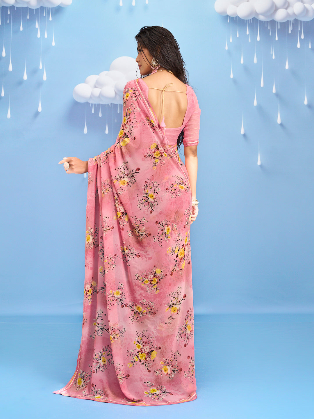 Laxmipati Sadhana Floral Printed Georgette Saree in Pink Color