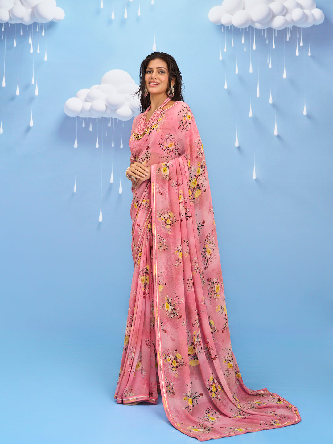 Laxmipati Sadhana Floral Printed Georgette Saree in Pink Color