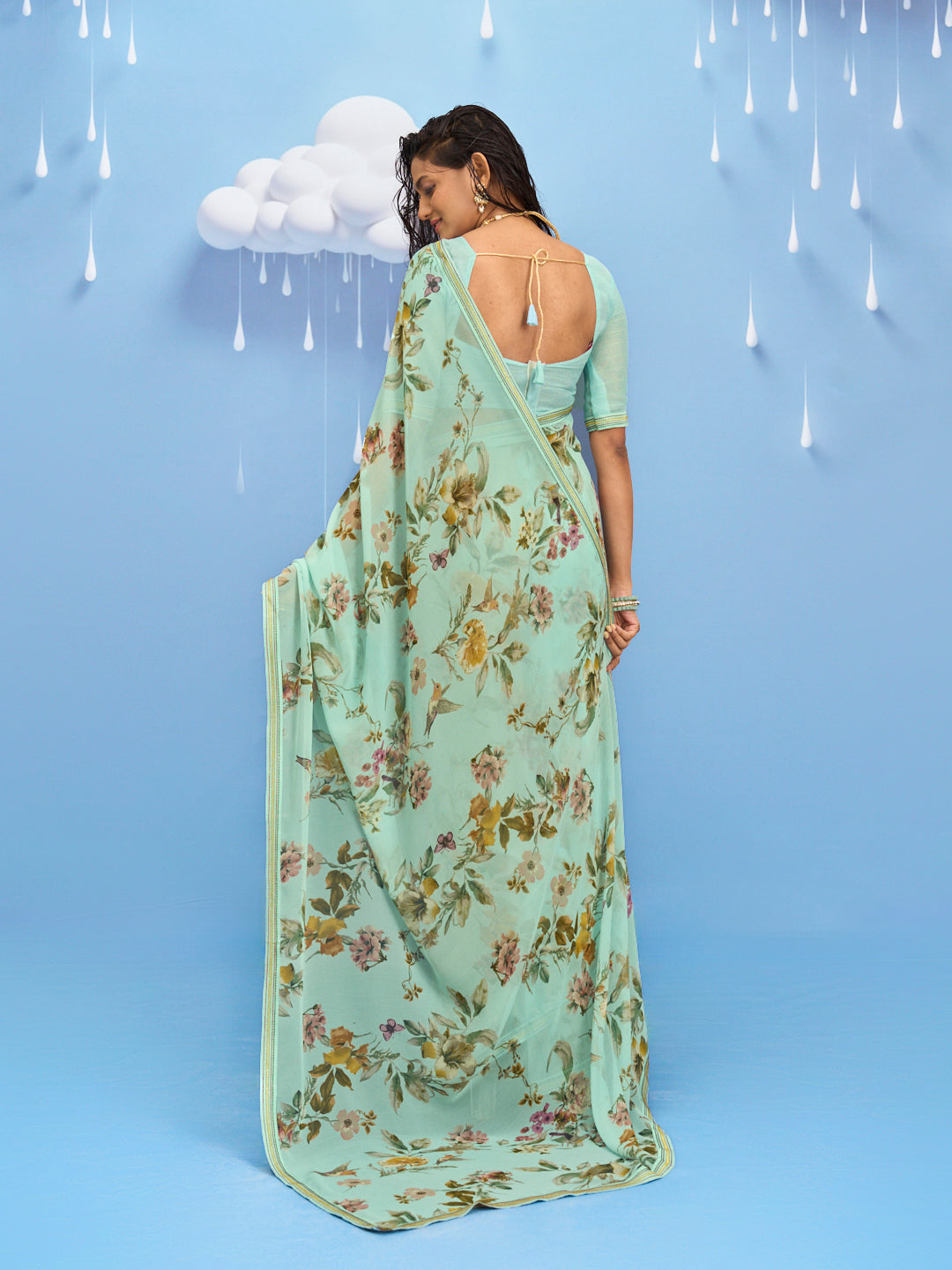 Laxmipati Sadhana Floral Printed Georgette Saree in Pastel Green Color