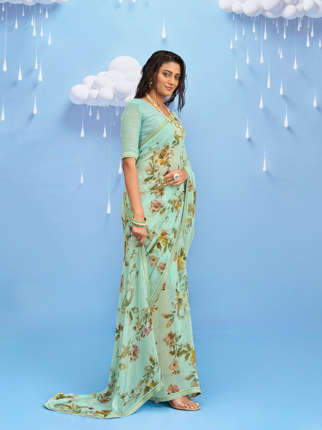 Laxmipati Sadhana Floral Printed Georgette Saree in Pastel Green Color