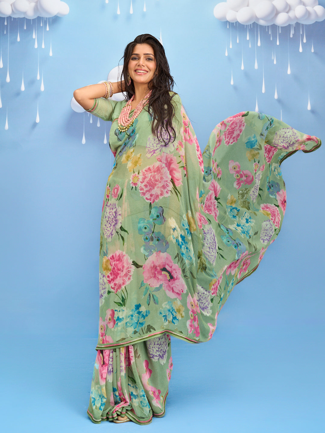 Laxmipati Sadhana Floral Printed Georgette Saree in Green Color