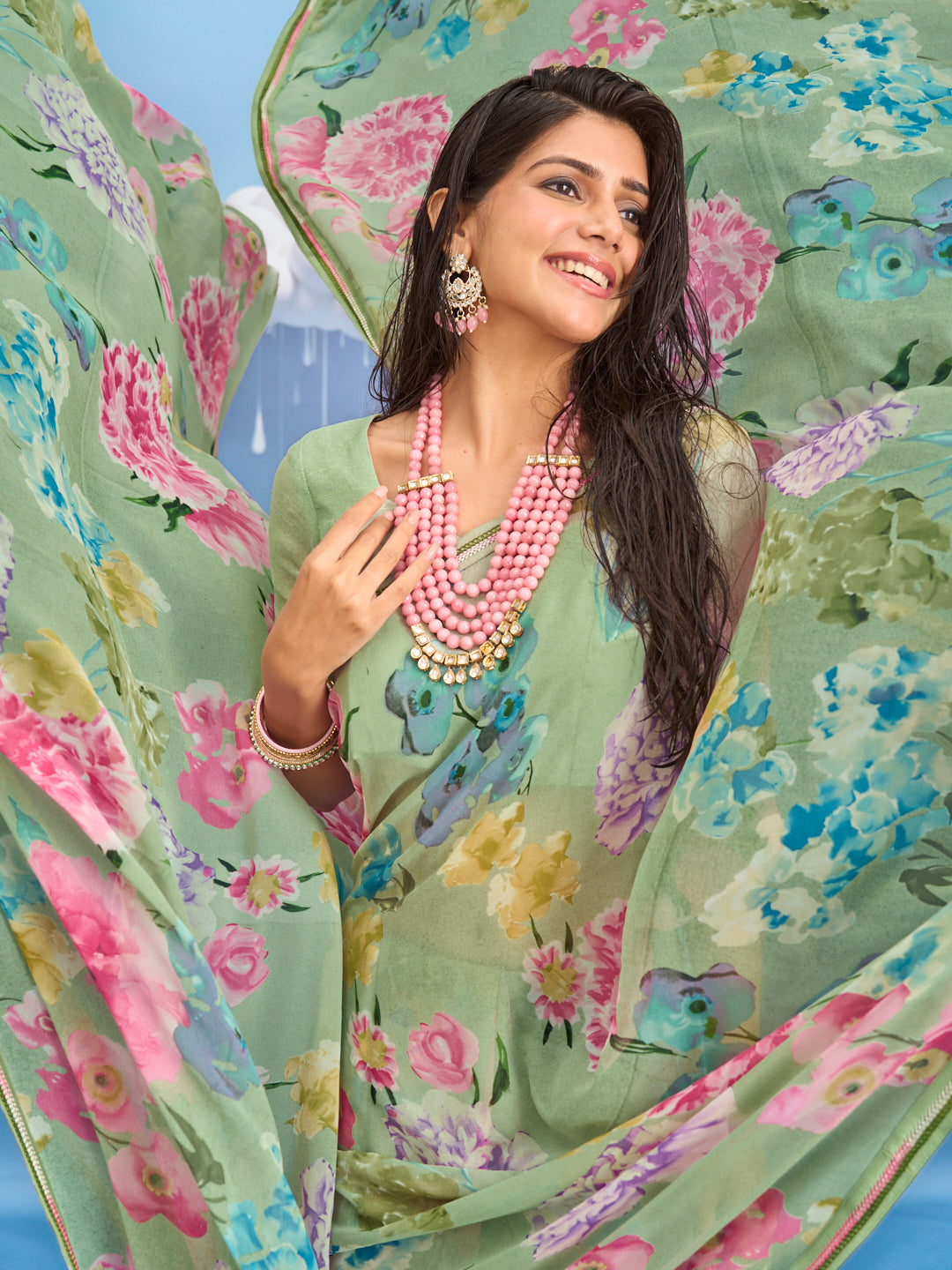 Laxmipati Sadhana Floral Printed Georgette Saree in Green Color