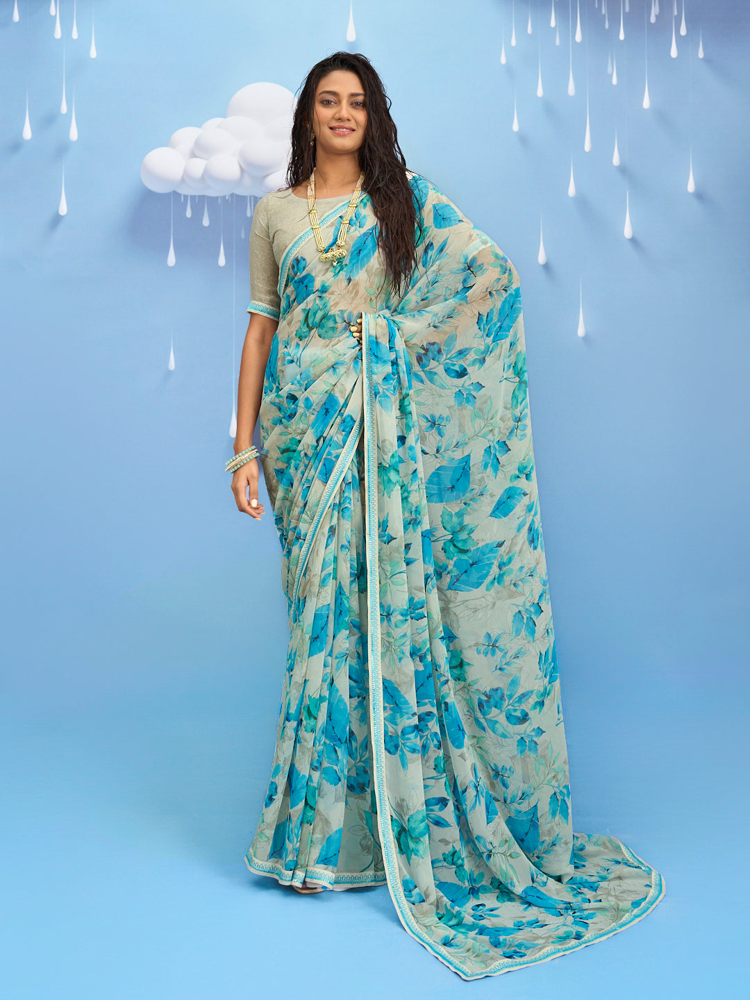 Laxmipati Sadhana Floral Printed Georgette Saree in Grey Color