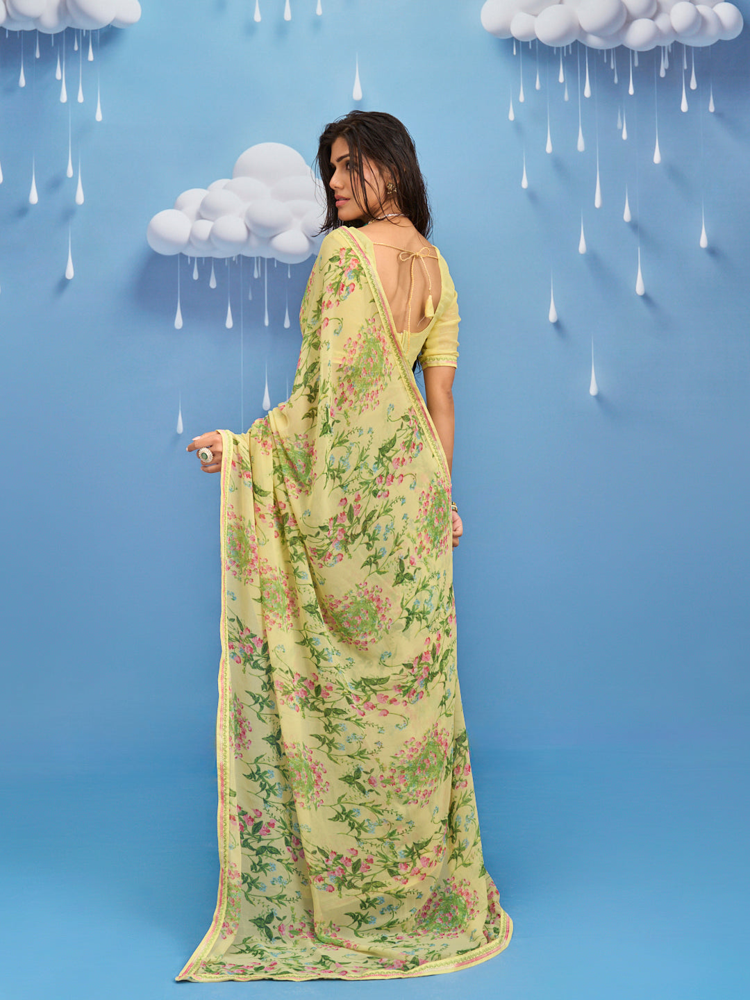 Laxmipati Sadhana Floral Printed Georgette Saree in Yellow Color