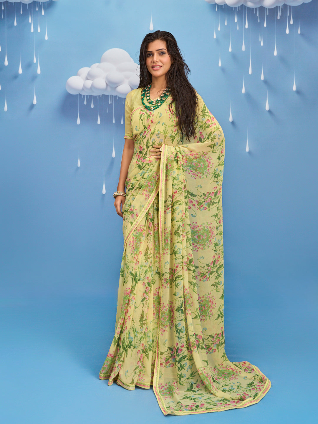 Laxmipati Sadhana Floral Printed Georgette Saree in Yellow Color