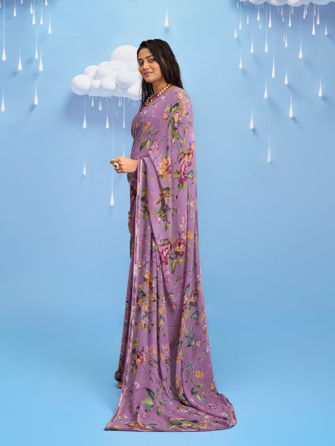 Laxmipati Sadhana Floral Printed Georgette Saree in Purple Color